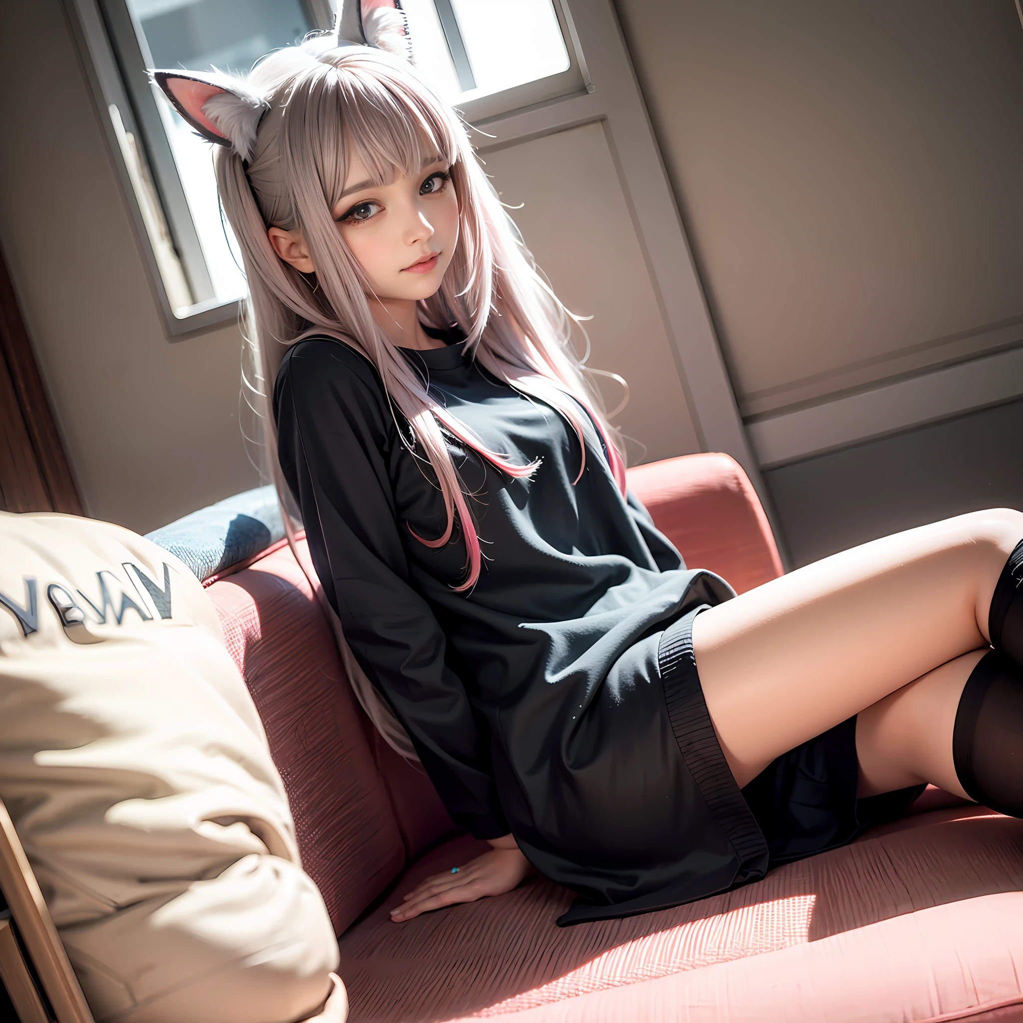 Anime girl sitting on sofa，Legs crossed, cat ears girl，Guweiz on ArtStation Pixiv, beautiful anime catgirl, White-haired fox, cat ears girl,  trending on artstation pixiv，golden colored，red colour，In pink，black in color，white colors，purpleish color，，closeup of face，Refine the face，Delicate eyes