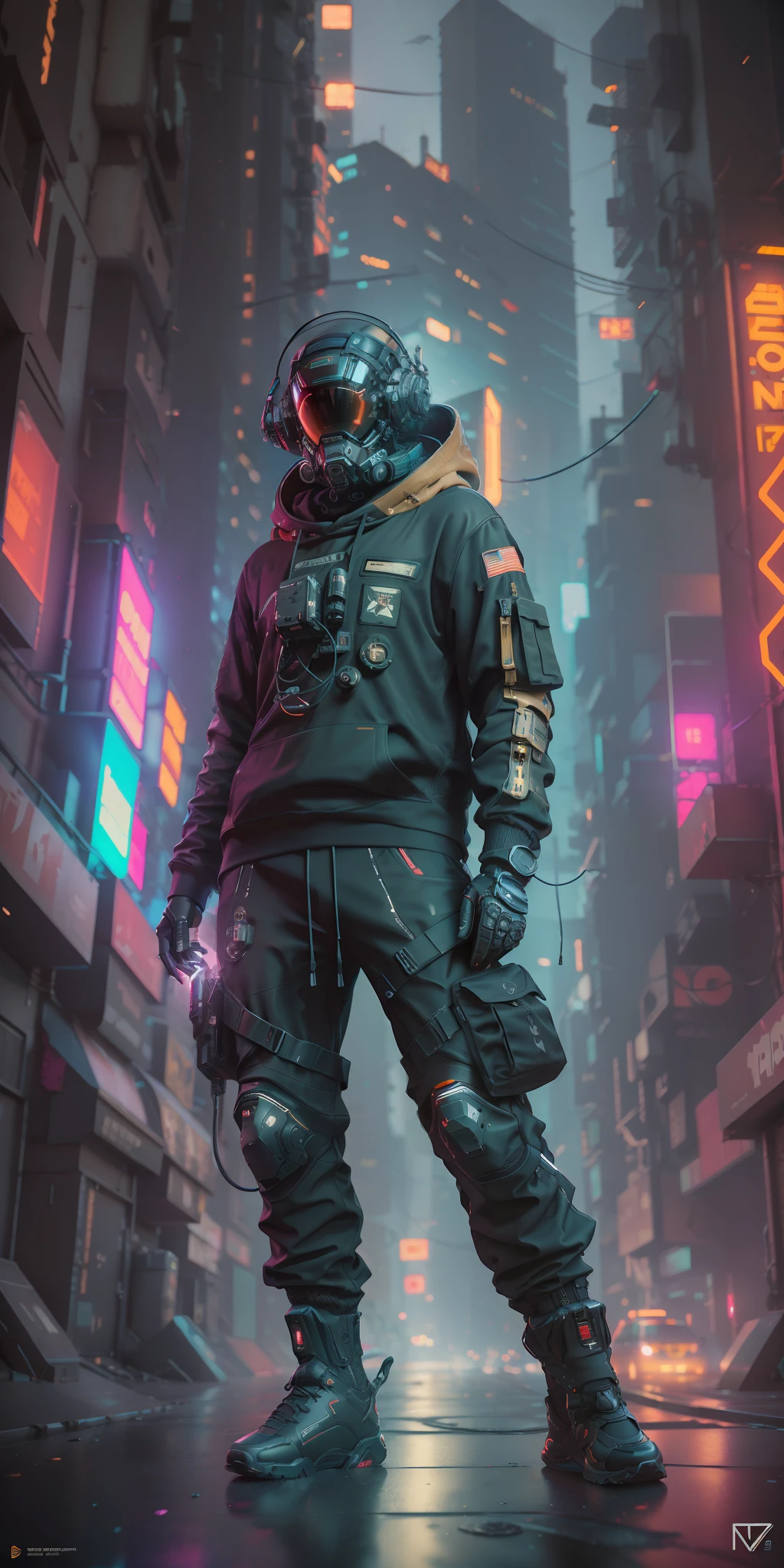 (masterpiece, full body shot, intricate raw photography) Cyberpunk citizen, comfortable oversize black hoodie, black cargo pants, black clothes, dark, wearing a black helmet hitech style Astronaut, intricate, futuristic, advanced technology, dark environment, dramatic, light and shadow, cinematic, action movie, sharpness, random relaxed position, Cyberpunk City, street lights, dark street, night, Insta photo, photo of the year, octane render, substance, Maya 3D, cinema4D, ArtStation Trending, Devian Art Trend,