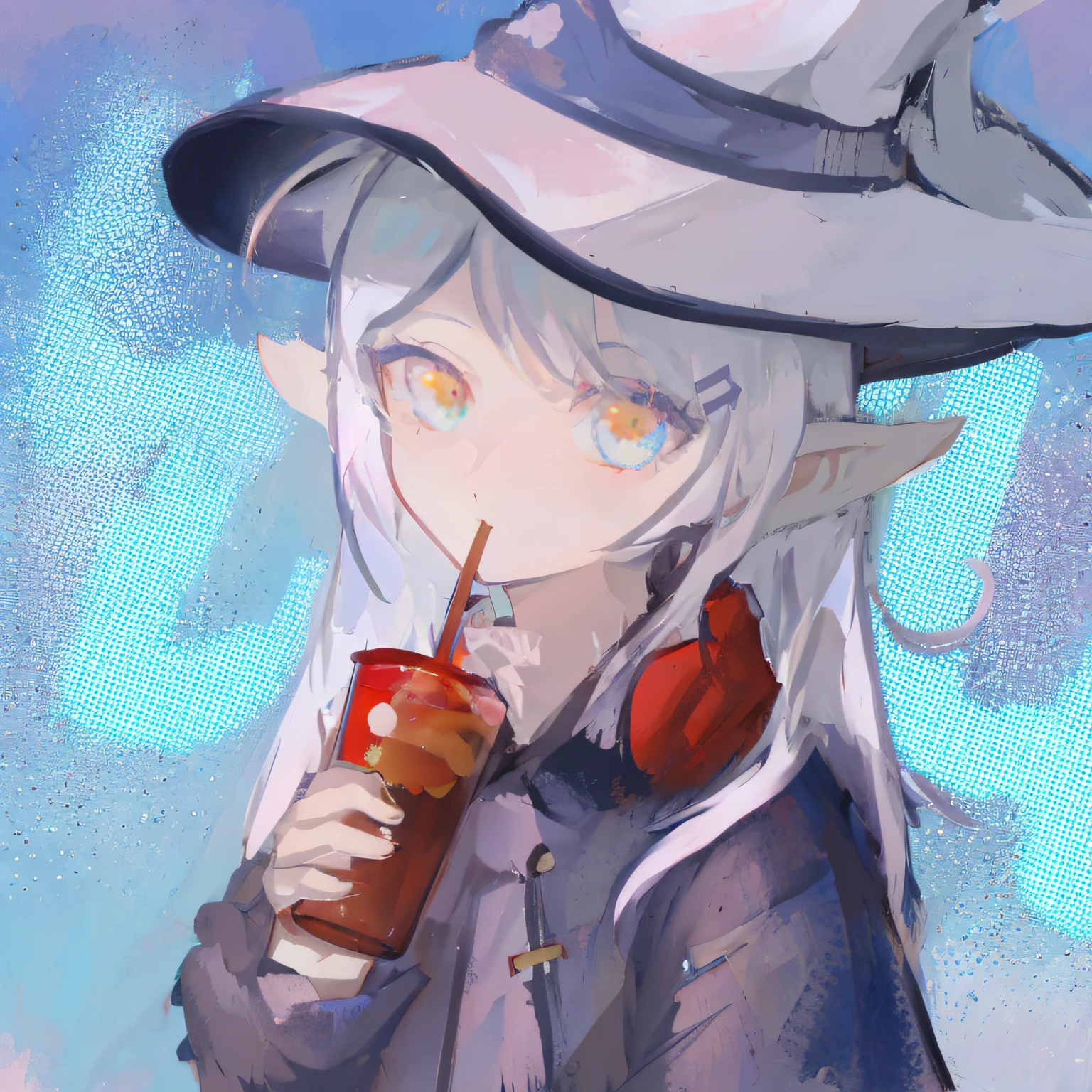 animemanga girl，Hats and drinks in hand, mysterious coffee shop girl, half invoker half megumin, anime girls drink Energy drink, soda themed girl, the witch, author：Ei-Q, author：Uesaka Seka, made with anime painter studio, drinking a drink, 2 d anime style, zerochan art, author：Master of Han Chinese