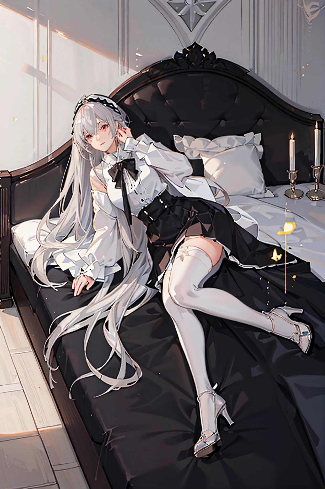 (((Anime Girl)),Ray Tracing,(Dim Lighting),[Detailed Background (Bedroom)),((Silver Hair)),((Silver Hair)),(((Fluffy Silver Hair, Plump and Slim Girl))) Avoiding Golden Eyes in the Ominous Bedroom ((((Girl Wearing White Shirt, Black Hundred Wrinkle Skirt with White Clear Stockings), showing a delicate and slender figure and graceful curves, correct limbs, lying on the bed with her hands hidden behind her head, Wear white high heels