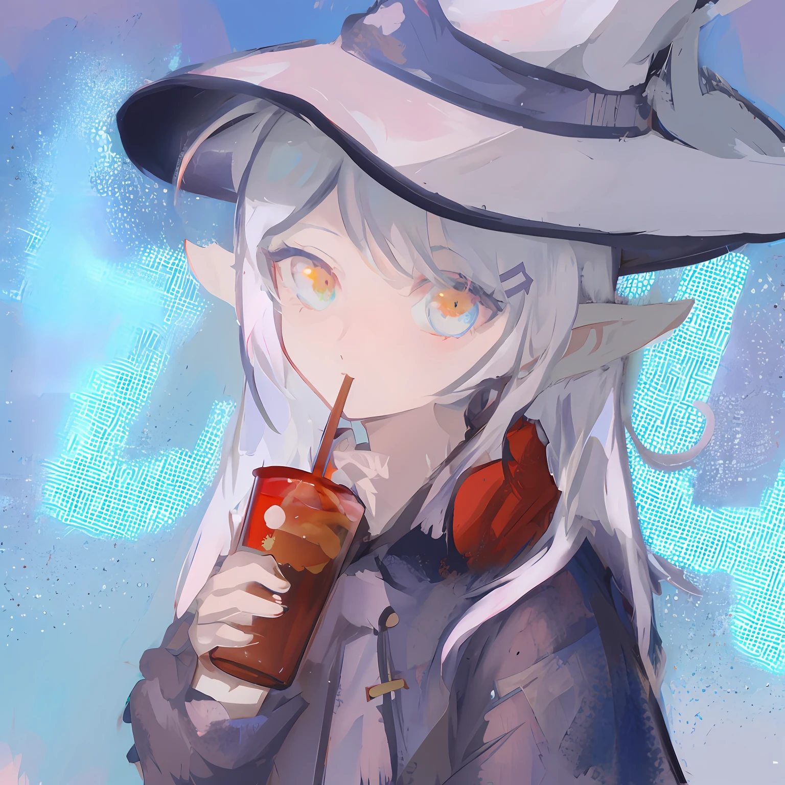 animemanga girl，Hats and drinks in hand, mysterious coffee shop girl, half invoker half megumin, anime girls drink Energy drink, soda themed girl, the witch, author：Ei-Q, author：Uesaka Seka, made with anime painter studio, drinking a drink, 2 d anime style, zerochan art, author：Master of Han Chinese