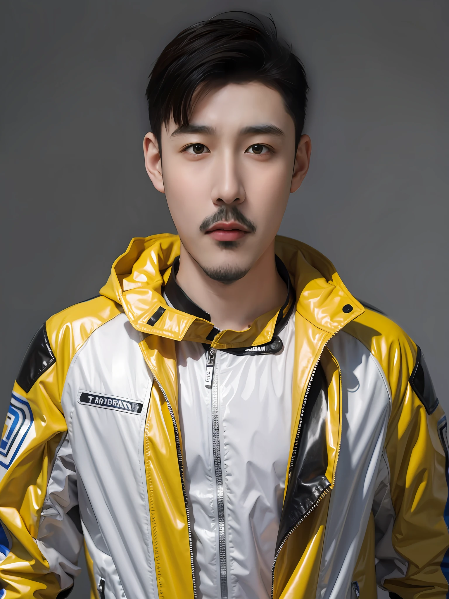 A Chinese male high school student,Wearing a PVC motorcycle suit