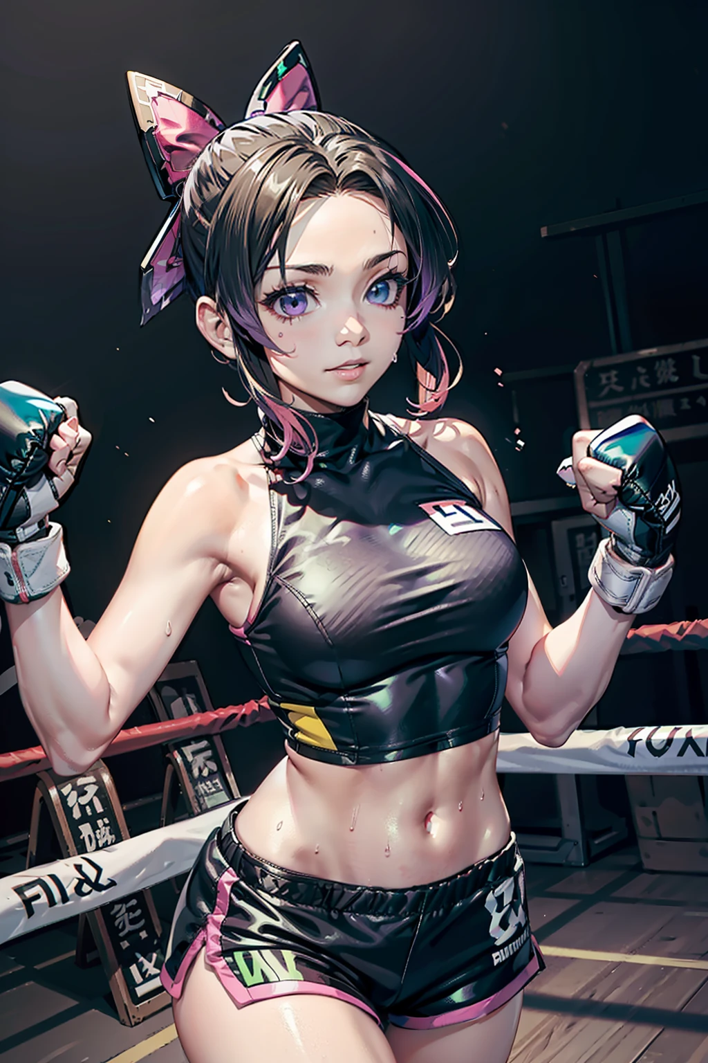 (masutepiece, 8K,Very detailed),1girl in,head band, navel, Sleeveless, high-necked, Purple eye, sleeveless turtleneck, Breasts, mitts, croptop, Shorts,, Armor, Open jacket，Headband exercise，Medium-sized chest Fingerless gloves,  Medium breasts, Dynamic Angle，Minor abs，，The light is dim，Surreal graphics，red colour，amarelo，Orange colors，green color，blue colors，blue green，purpleish color，In pink，Taekwondo gloves，Wearing sweat，Boxing ring，gym room，Arms raised，Clench your hands into fists，Fighting posture