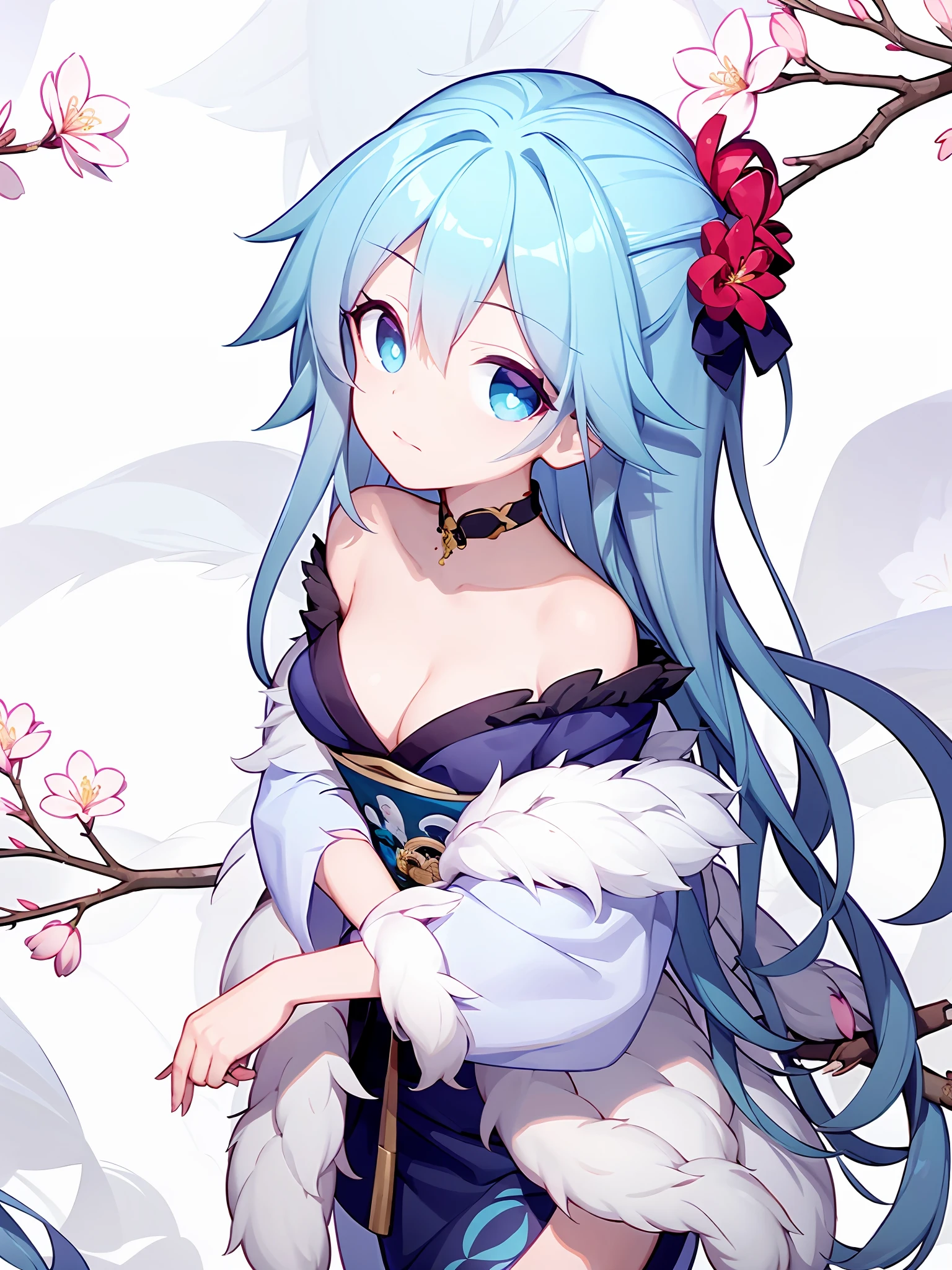 Anime girl, arrow, bridge, floating hair, ema, eyebrows visible through hair, flower, fur collar, blush, cherry blossoms, blue eyes, east asian architecture, bangs, building, day, blue kimono, branch, fur trim, camellia, architecture, floral print	,Medium-sized breasts, flat chest, short skirt, clothes, beautiful legs,