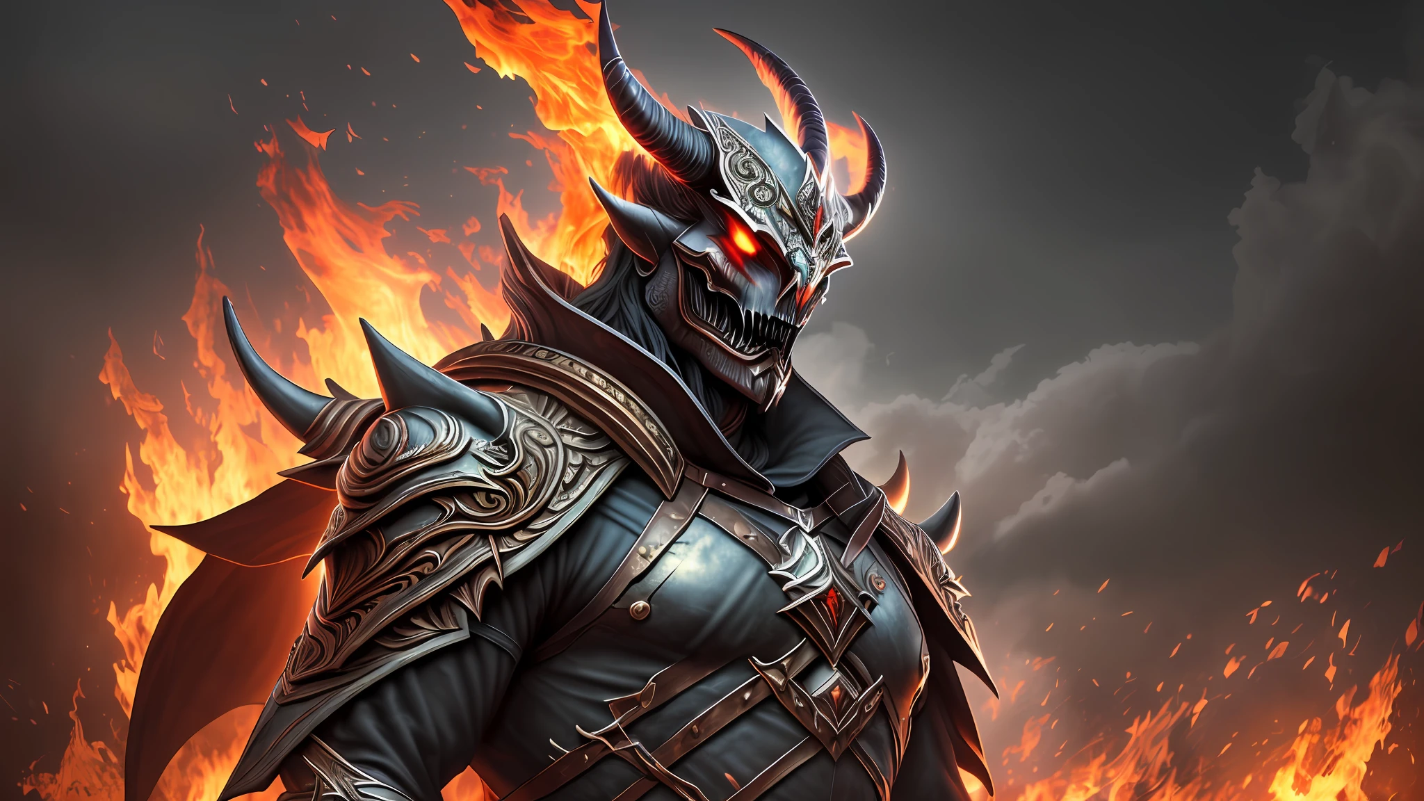 ((Best quality)), ((masterpiece)), (highly detailed:1.3), 3D, demon with horns and armor, fire, hell, dark, sinister, weapons, fog, smoke,HDR (High Dynamic Range),Ray Tracing, Super-Resolution --auto --s2