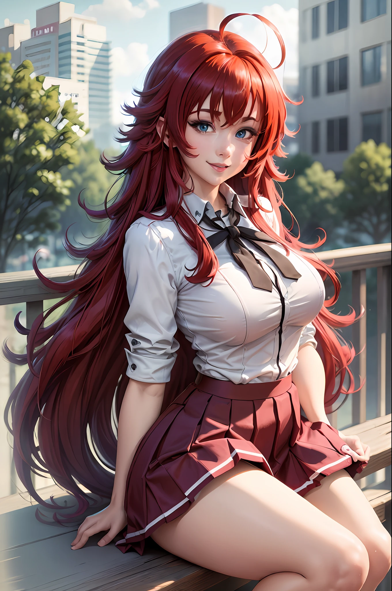 masterpiece, best quality, highres, best quality, highres, rias gremory, 1girl, long hair, school uniform, red hair, ahoge, blue eyes, large breasts, very long hair, breasts, skirt, huge ahoge, socks, outdoors, standing, spread legs, (skirt lift:1.3), (white thong:1.1), smile,