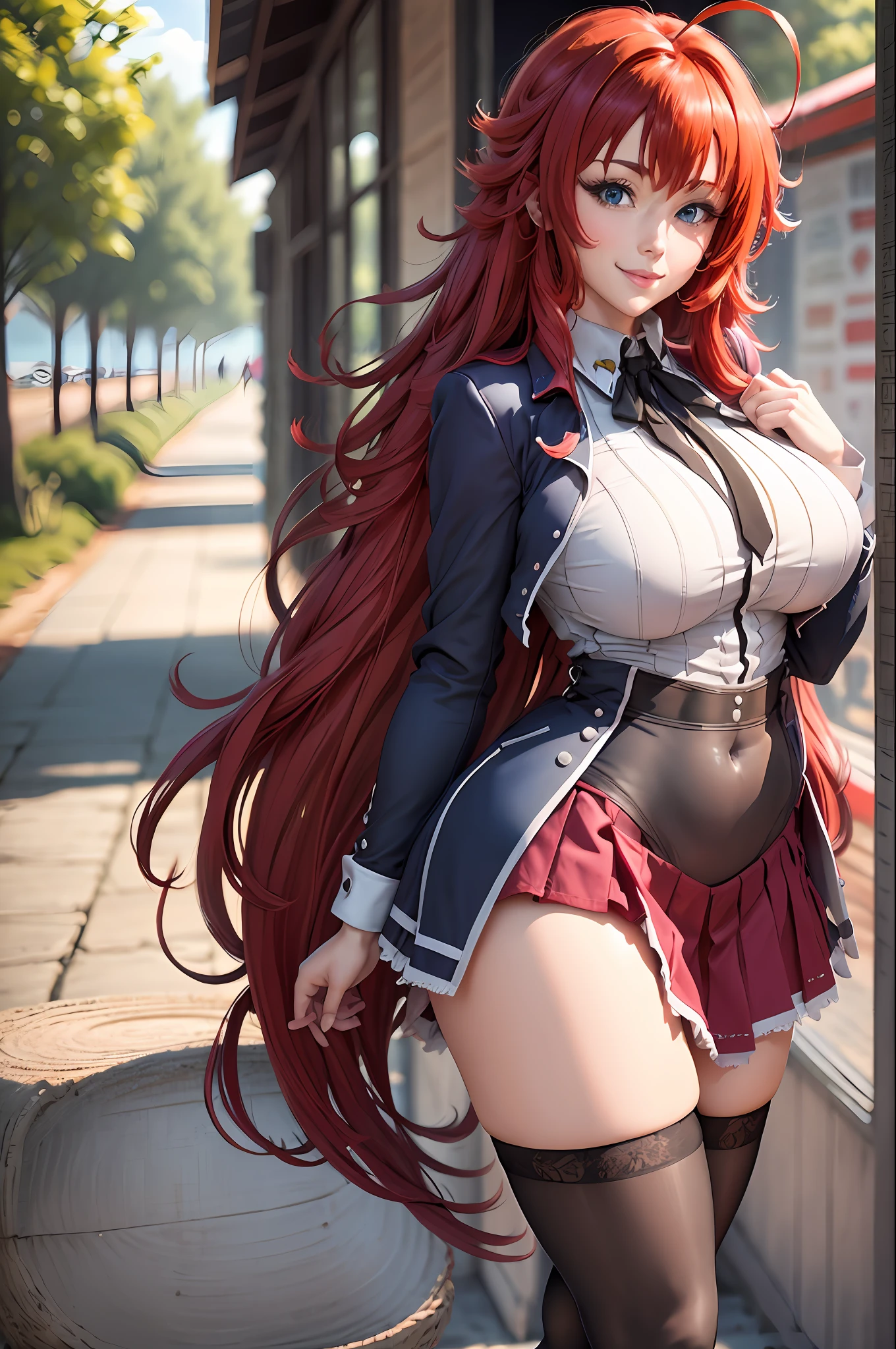 masterpiece, best quality, highres, best quality, highres, rias gremory, 1girl, long hair, school uniform, red hair, ahoge, blue eyes, large breasts, very long hair, breasts, skirt, huge ahoge, socks, outdoors, standing, bikni, beach , modern fashion, yellow bra, smile