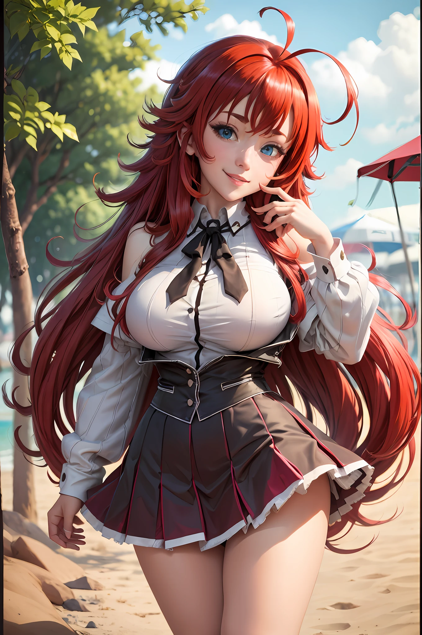 masterpiece, best quality, highres, best quality, highres, rias gremory, 1girl, long hair, school uniform, red hair, ahoge, blue eyes, large breasts, very long hair, breasts, skirt, huge ahoge, socks, outdoors, standing, bikni, beach , modern fashion, yellow bra, smile