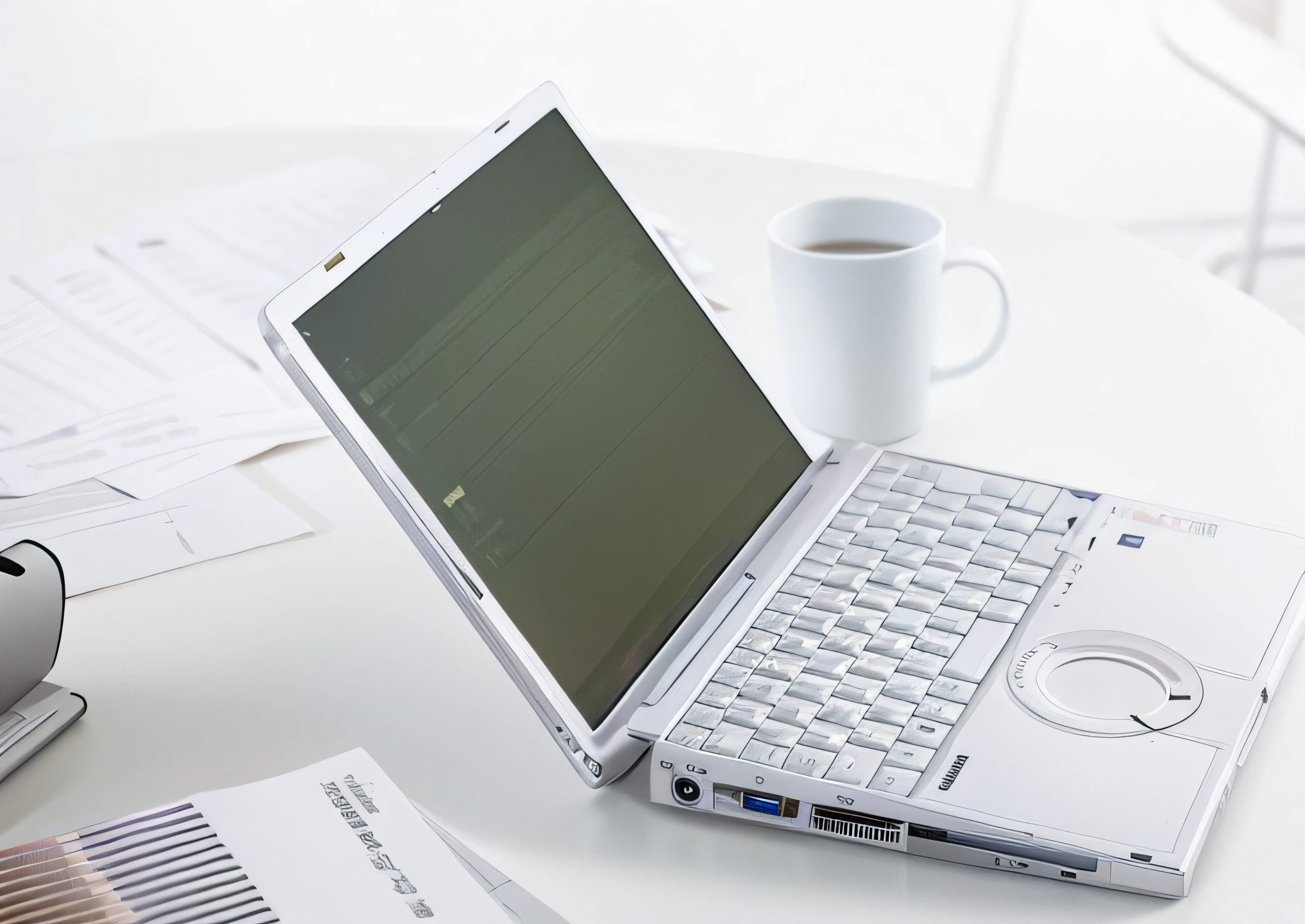 There was a laptop on the table，With a cup of coffee,  notebooks，Office desktop，Data reports