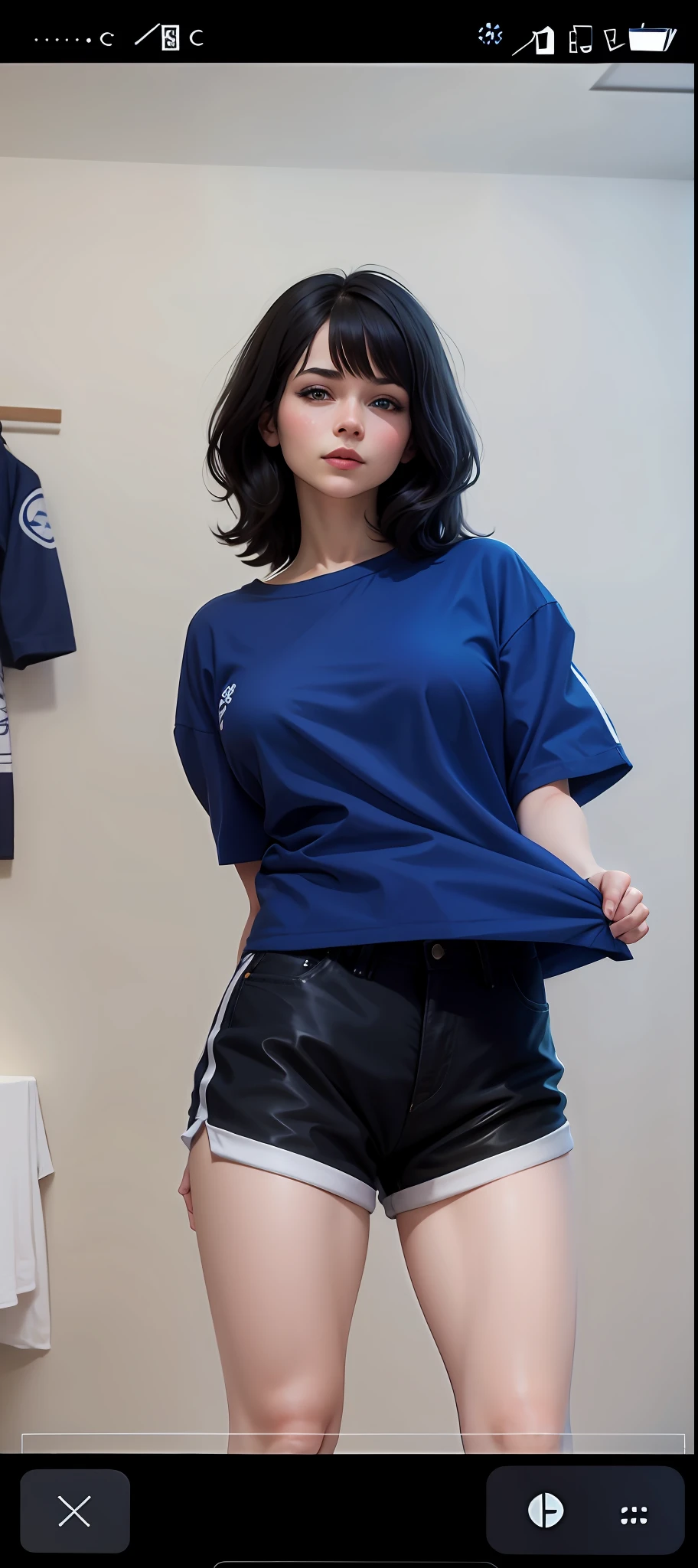 Arad woman posing for a photo in a blue shirt and black shorts, blue tight t-shirt, thicc, Attractive pose, she is dancing. Realistic, She is seen wearing streetwear pieces, with short hair, pretty face with arms and legs, in shorts and t-shirt, wearing casual cloths, Casual pose, her wardrobe is attractive, low quality video, Casual clothes