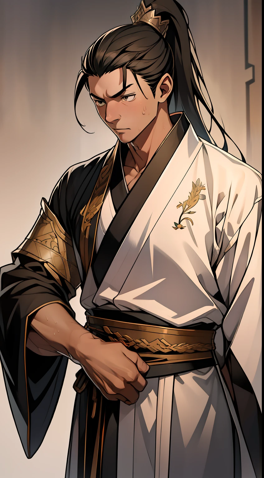 quadratic element,style of anime,mtu(Male Warrior),The proportions are correct,Face details,swordsmen,High ponytail hairstyle,Neck details,There is an Adam's apple,Black Hanfu,kaftan,Embroidered robes,Black robe,clothes details,Handing over,longer sleeves,Game quality,Swordsmanship,Light and shadow tracking,Ray traching,detailed glow,cg render,hair detail,long white hair,Black eyes,Handsome,Handsome,(juvenile sense),Clothing is complicated,Perfectcomposition,Refinement,high qulity,higher details,Lots of details,The background is complex,a sense of atmosphere,