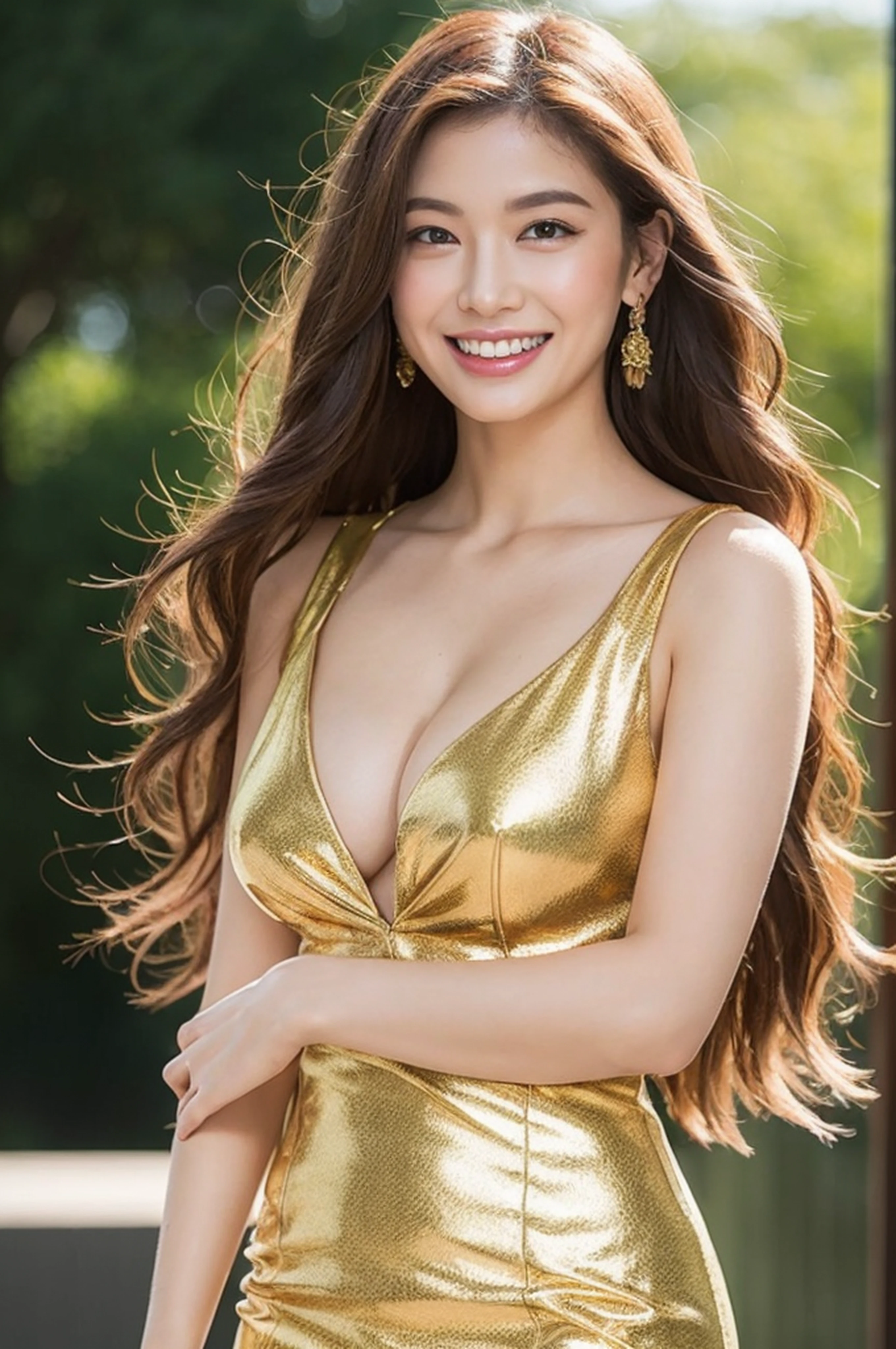 (top-quality、8K、32K、masterpiece、nffsw:1.2)、1 girl in、beautfull Japanease woman、((Golden hair))、Fancy makeup、thin-waist、Beautiful Women in Perfect Style:1.4、Colossal tits:1.3、finerly detailed face、A smile、Tube silhouette dress、breastsout、arms behind head