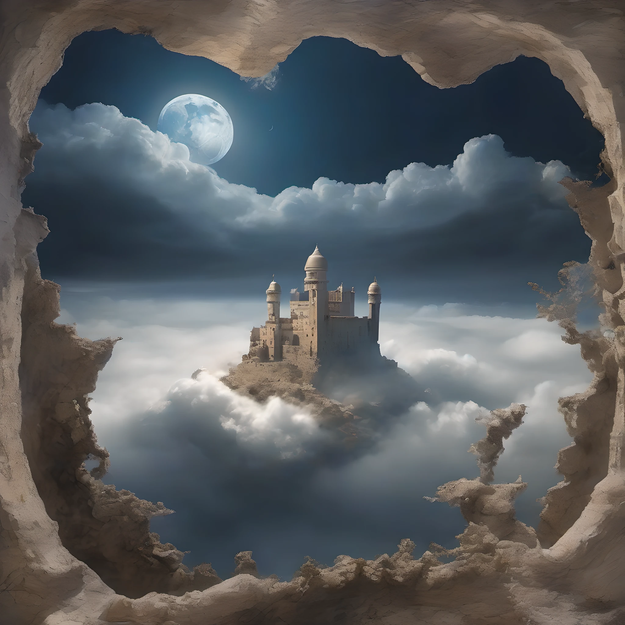 Crea un hiperrealista, High-resolution image of a soft earth elemental lurking in an Arab fortress floating above the clouds . The style should be reminiscent of classic fairytale illustrations with deep blues and blacks with contrasting moonlight.. Use a standard lens to capture the image, estilo de Brian Mashburn --estilo raw