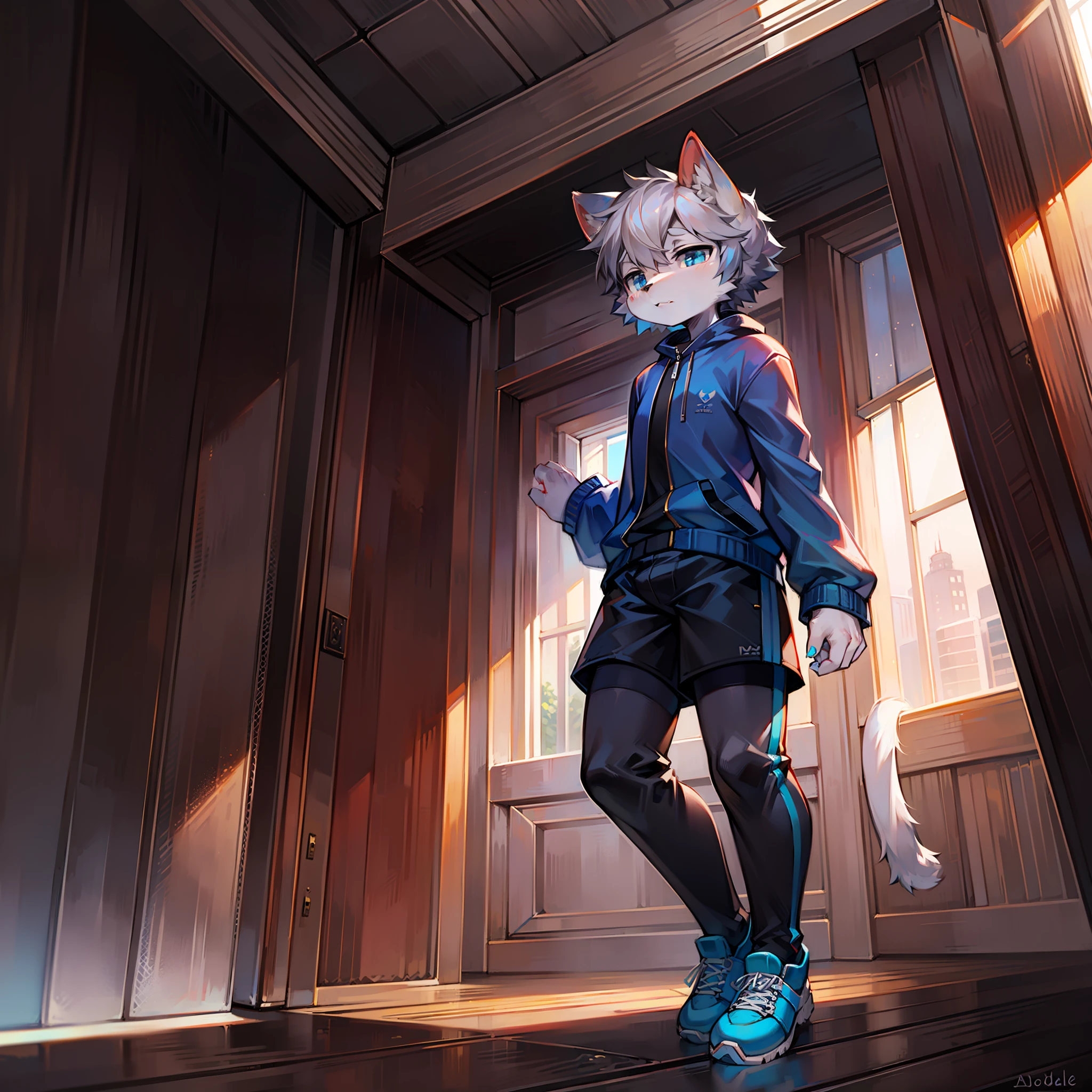 Incredible picture quality,eyes with brightness,in a panoramic view,Character Focus Solo,Furry male cat,White fur for men,blue color eyes,Gray hair(Shorter),There are functional clothes in black, White, and blue,in white and blue,Young style,Height about one meter six,adolable,There is a cat tail,Gorgeous light and shadows,Fresh sneakers,black long socks