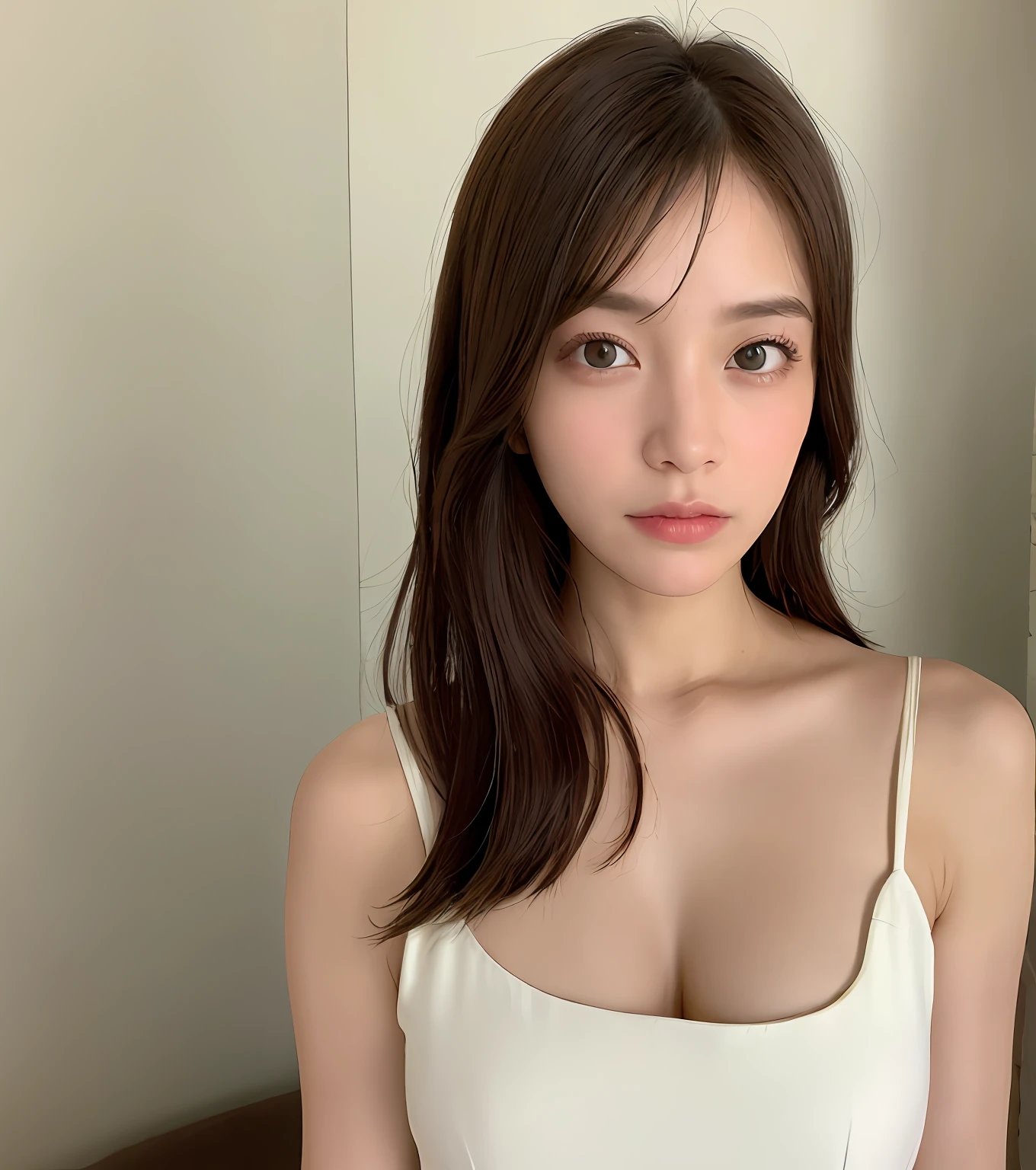 ((Best quality, 8k, Masterpiece :1.3)), Sharp focus :1.2, A pretty woman with perfect figure :1.4, Slender abs :1.2, ((Dark brown hair, medium size breasts :1.2)), (Natural light, bedroom), Highly detailed face and skin texture, Detailed eyes, Double eyelid, 
short torso, {{{very long legs}}},  {{{very thin waist}}},  {{{very small hip}}}, {{{{{natural breasts}}}}}, 
 {{{distinct clavicle}}}, 
{{{white skin}}}, {{{light brown hair}}},
{{{{{small head}}}}},{{{{{{25 years old}}}}}}, waist shot, {{{emotionless face}}}, {{{looking at the viewer}}}, {{{{{chest height perspective}}}}}, {{{white tube micro mini dress}}}, {{{{body  consious dress}}}},{{{sleeveless dress with a plunging neckline fully exposed cleavage of the breast}}},  narrow white choker