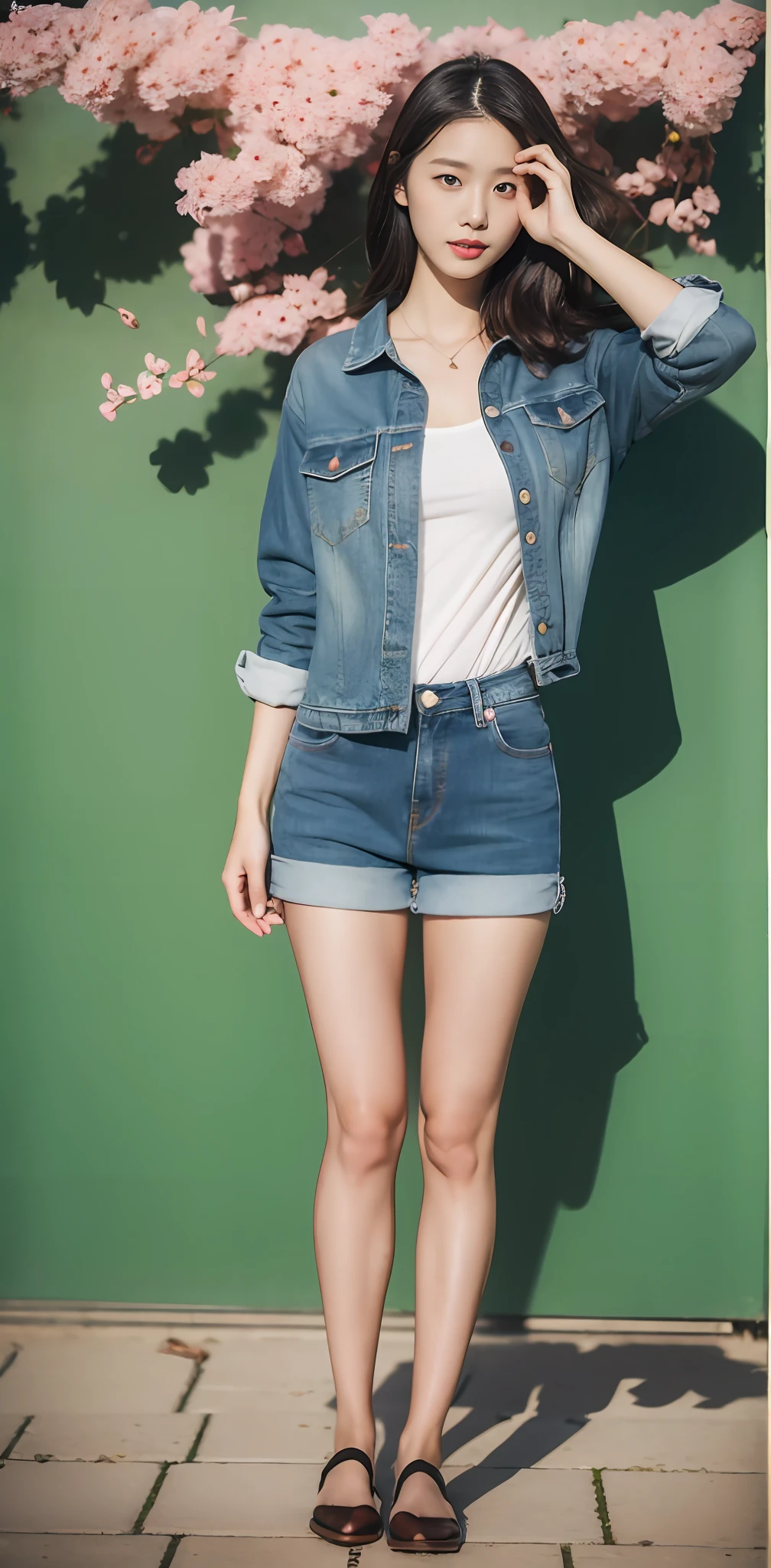 1 beautiful woman taking pictures on the grass of the villa,RAW photos,tmasterpiece,(highdetailskin:1.2),8k ultra high definition,digital SLR camera,gentlesoftlighting,high high quality,filmgrain,富士XT3,20 years old Asian woman,Wear simple clothes,T-shirt and skinny jeans,Detailed clothing details:1.3,perfect body figure,Perfect breasts and nipple bulge,The legs are straight and slender,Branded stylish shoes:0.6,Super detailed facial details and skin,Fair pink face and skin,The skin is pink,with light glowing,二重まぶた,Super detailed eyes,(Gloss on lips, eyeslashes, Glossy face, Best quality, Super high resolution, warm color,Wide lighting, naturalshadow), Sexy, Full body shooting: 1.8