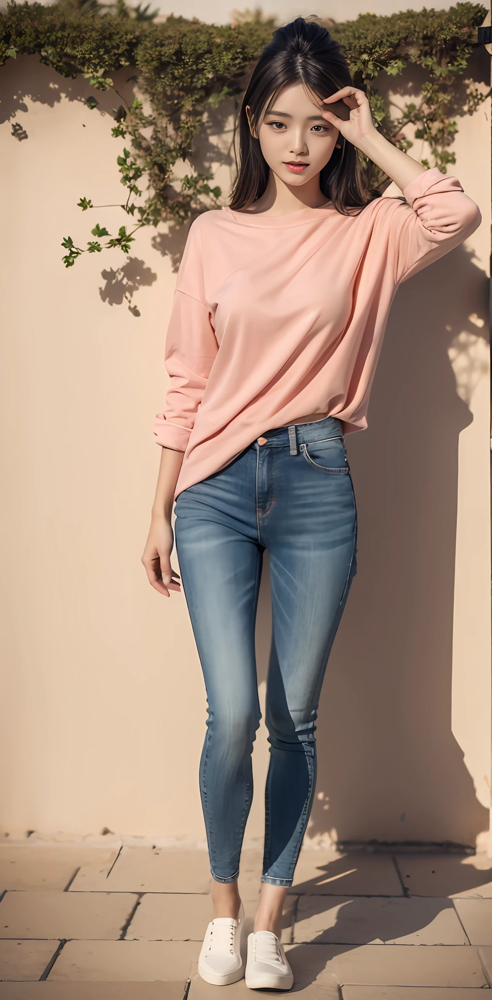 1 beautiful woman taking pictures on the grass of the villa，RAW photos，tmasterpiece，（highdetailskin：1.2），8k ultra high definition，digital SLR camera，gentlesoftlighting，high high quality，filmgrain，富士XT3，20 years old Asian woman，Wear simple clothes，T-shirt and skinny jeans，Detailed clothing details:1.3，perfect body figure，Perfect breasts and nipple bulge，The legs are straight and slender，Branded stylish shoes:0.6，Super detailed facial details and skin，Fair pink face and skin，The skin is pink，with light glowing，二重まぶた，Super detailed eyes，(Gloss on lips, eyeslashes, Glossy face, Best quality, Super high resolution, warm color，Wide lighting, naturalshadow), Sexy, Full body shooting: 1.8