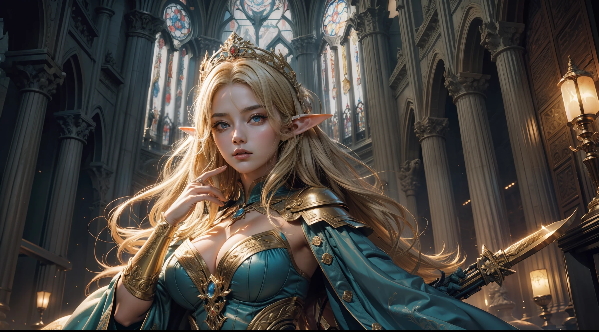 (tmasterpiece,top-quality,best qualityer,offcial art,Beauty and aesthetics:1.2),(tmasterpiece:1.3), (8k, realisticlying, RAW photos, best qualtiy: 1.4), beauitful face, (photorealiscic face), absurderes, Attractive, 超高分辨率, Ultra photo realsisim, highly detailed, the golden ratio, (Award-winning digital artwork:1.3) af (sketching:1.3),(with dynamism:1.3),(Saturation:1.3),(Close portrait:1.3),(femele:1.4),(big breasts beautiful: 1.4),(carismatic:1.3),elf woman,magnificent robe,Large breasts,diadems,complex patterns,complex patterns,Perfect Detailed Eyes,The background is the church,Film filter, ,dramatics,dynamicposes,Fighting posture,illusory engine, (High detail: 1.9),mystic symbols,((Glowing scepter))