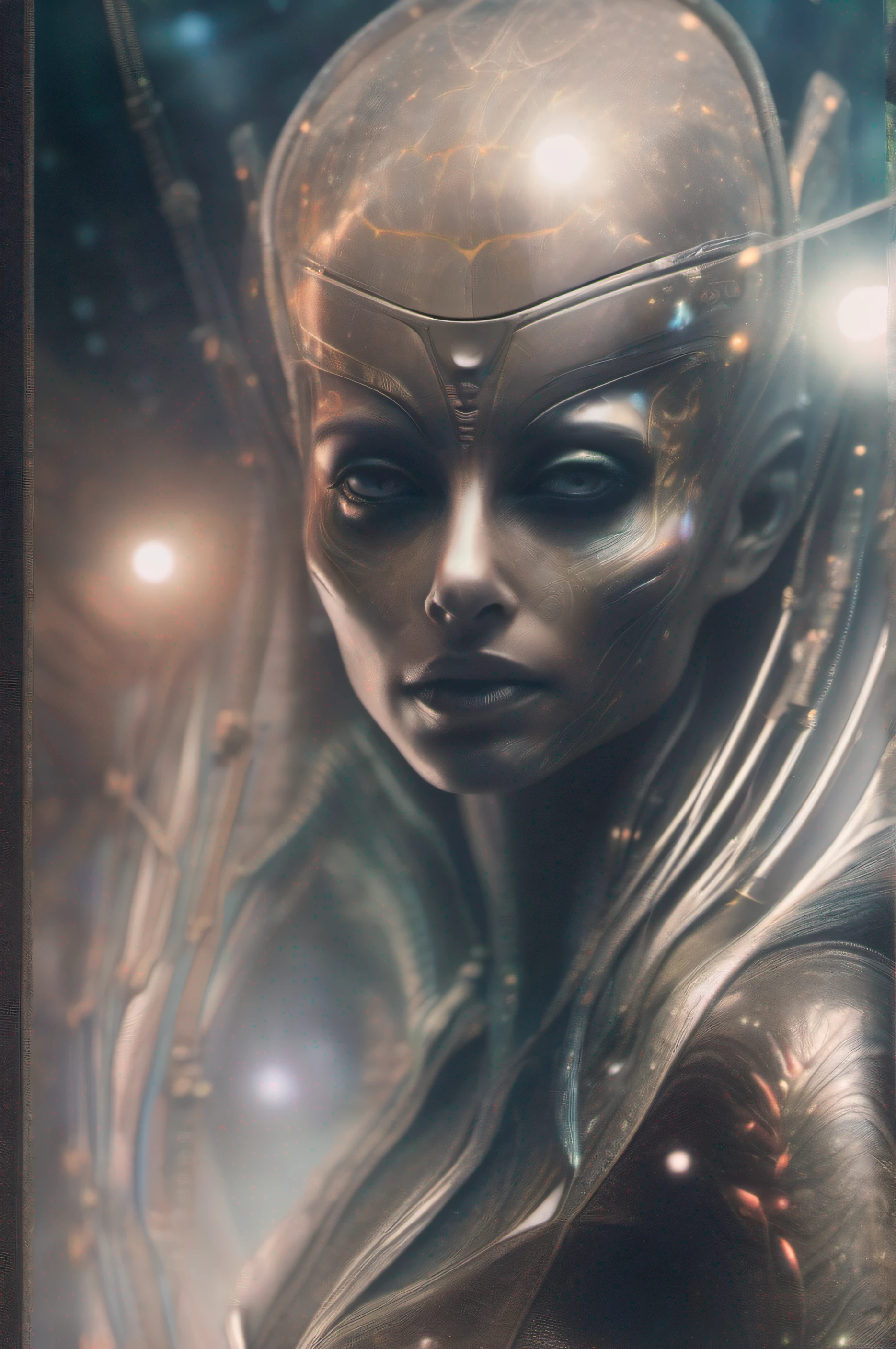 Ghostly portrait of a futuristic alien from another dimension creator of the universe with powerful ancient magic from an unknown dimension