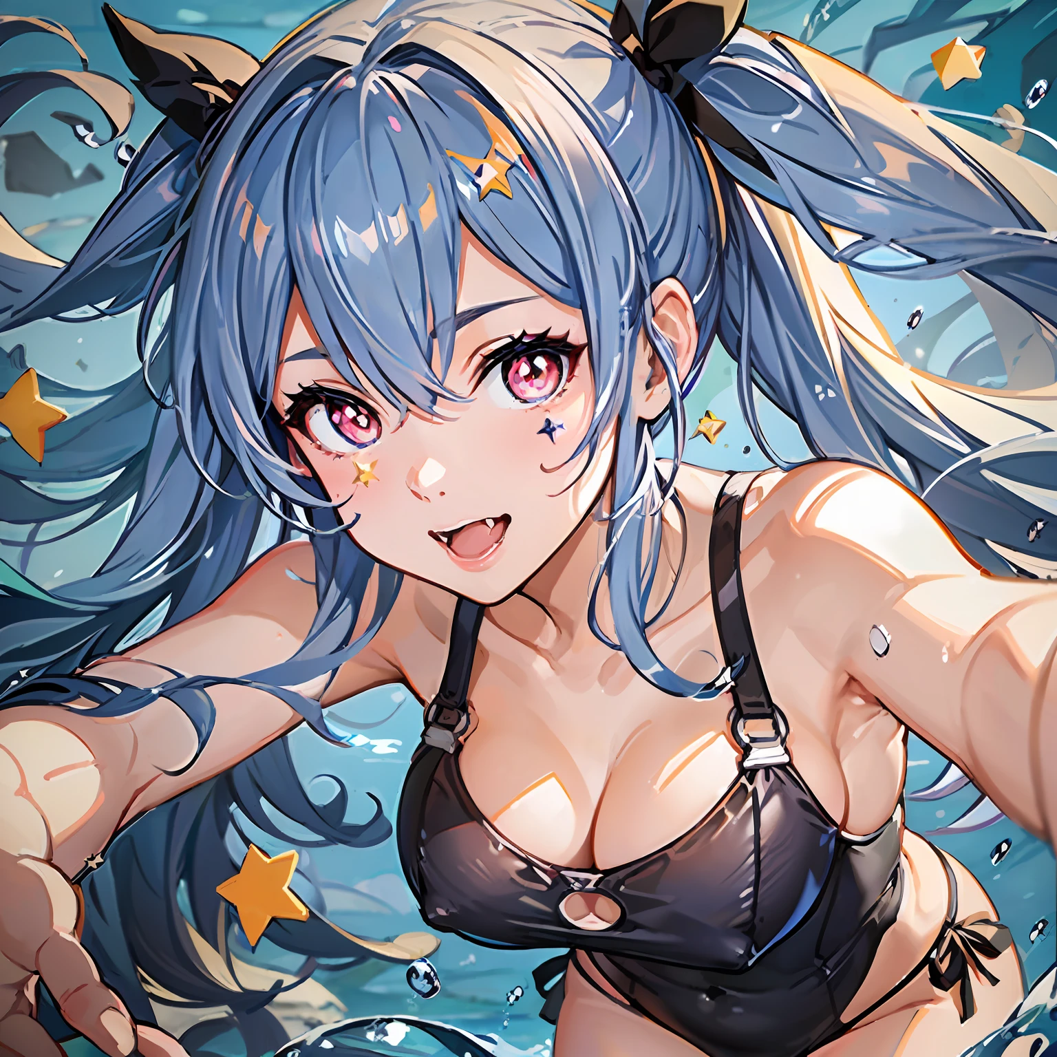 (masterpiece), (best quality), (ultra-detailed), photorealistic, (best illustration), (an extremely delicate and beautiful), 1girl, (kciku:2),  solo, (close-up portrait), finely detailed iris, one-piece swimsuit, hair accessory, (sunlight:0.1), twintails, large breasts, hair ribbon, multicolored hair, long hair, name tag, (19:1.22),underwater, (swimming), (freediving), (string swimsuit), (thong swimsuit)  smile, best shadow, (star-shaped pupils:1.33), (star \(symbol\):1.22), red eyes, peace sign, (grin:0.6), fang,