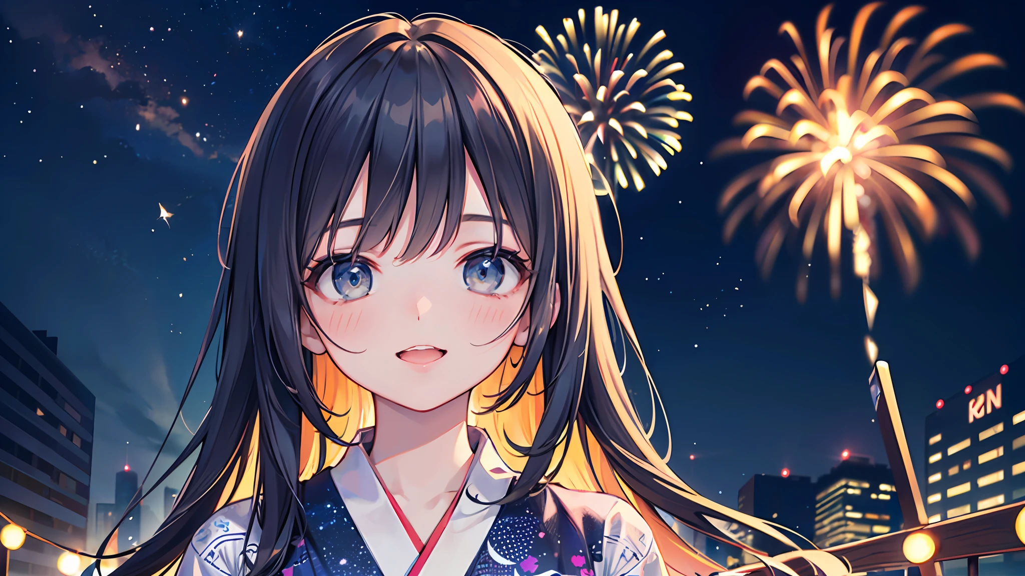 (Masterpiece, top quality, super detailed CG, ultra detailed beautiful face and eyes, super detailed, intricate details:1.2), 8k wallpapers, elaborate features,
(1 person, solo:1.4)perfect cartoon illustration,(1 person, solo:1.4)
(realistic textures:0.8), high res, cute, (vivid colors, dynamic lighting:1.0), (high contrast:0.8),Young girl, laughing, long hair, dark eyes, yukata, night, fireworks in night sky, dispersion of light, whole body on screen
