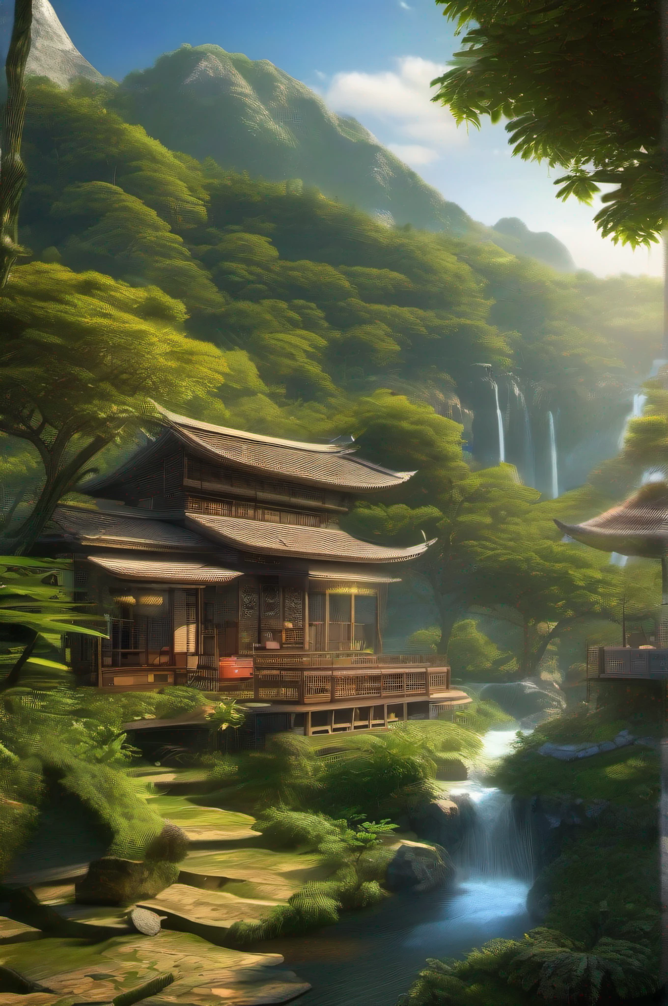 9:16 Full picture,springtime、jungles、lakes、hole in the mountains、waterfallr,The tree、grassy fields、Rochas、fawn、hot onsen、hydrosphere、(illustratio:1.0)、Epic composition、Detail enhancement,Detail enhancement。Realistic lighting、high definition detail、tmasterpiece、The best quality,(非常详细的 CG 统一 8k 壁纸),(The best quality)