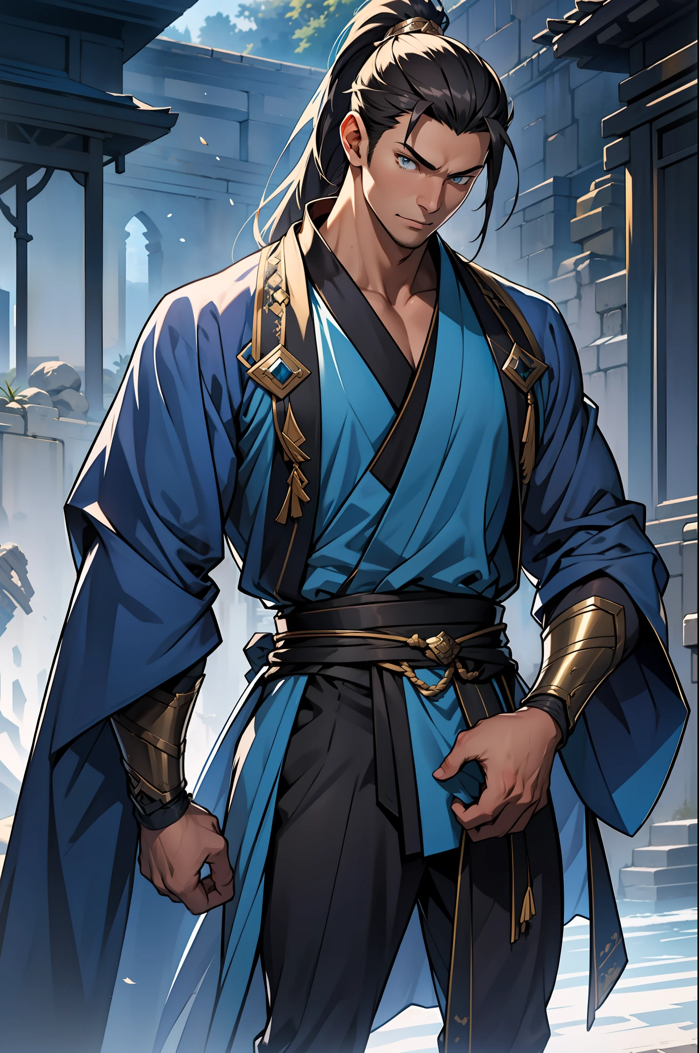 quadratic element，style of anime，mtu（Male Warrior），The proportions are correct，Face details，swordsmen，High ponytail hairstyle，Neck details，There is an Adam's apple，Blue suit，kaftan，long blue robes，clothes details，Handing over，longer sleeves，Game quality，Swordsmanship，Light and shadow tracking，Ray traching，detailed glow，cg render，hair detail，Blue long hair，blue colored eyes，Handsome，Handsome，（juvenile sense），Clothing is complicated，Perfectcomposition，Refinement，high qulity，higher details，Lots of details，The background is complex，a sense of atmosphere，