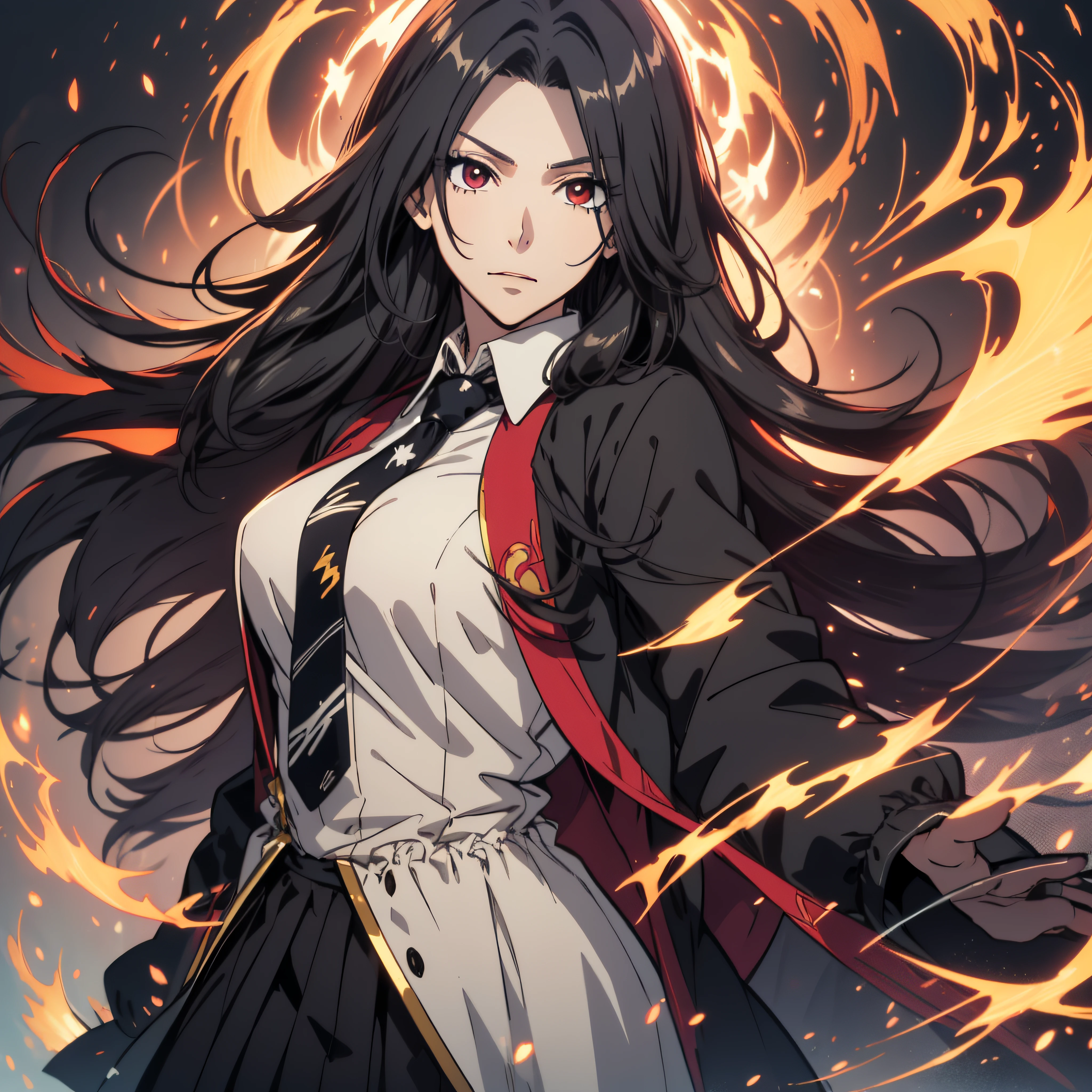 (ultra-detailed, perfect pixel, highrest, best quality), 20 years old Anime girl, smooth anime artstyle, long raven hair, slightly wavy hair, parted bangs, black hair, gradient hair color, Magus, ((red eyes)), detailed eyes, beautiful eyes, long black coat, white shirt, ((neckwear, long tie)), black skirt, aristocrat, noble attire, beautiful, ethereal, elegant, prestigious, dark forest background, particle effect, smooth smoke effect, fire flame, lightning, magic light, standing, looking at viewer