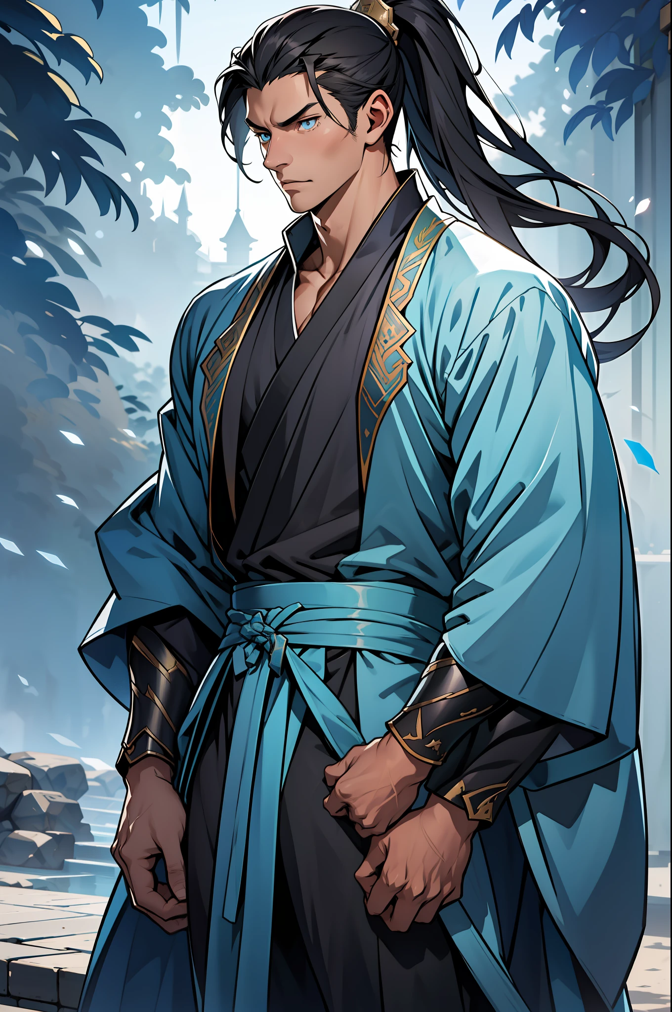 quadratic element，style of anime，mtu（Male Warrior），The proportions are correct，Face details，swordsmen，High ponytail hairstyle，Neck details，There is an Adam's apple，Blue suit，kaftan，long blue robes，clothes details，Handing over，longer sleeves，Game quality，Swordsmanship，Light and shadow tracking，Ray traching，detailed glow，cg render，hair detail，Blue long hair，blue colored eyes，Handsome，Handsome，（juvenile sense），Clothing is complicated，Perfectcomposition，Refinement，high qulity，higher details，Lots of details，The background is complex，a sense of atmosphere，