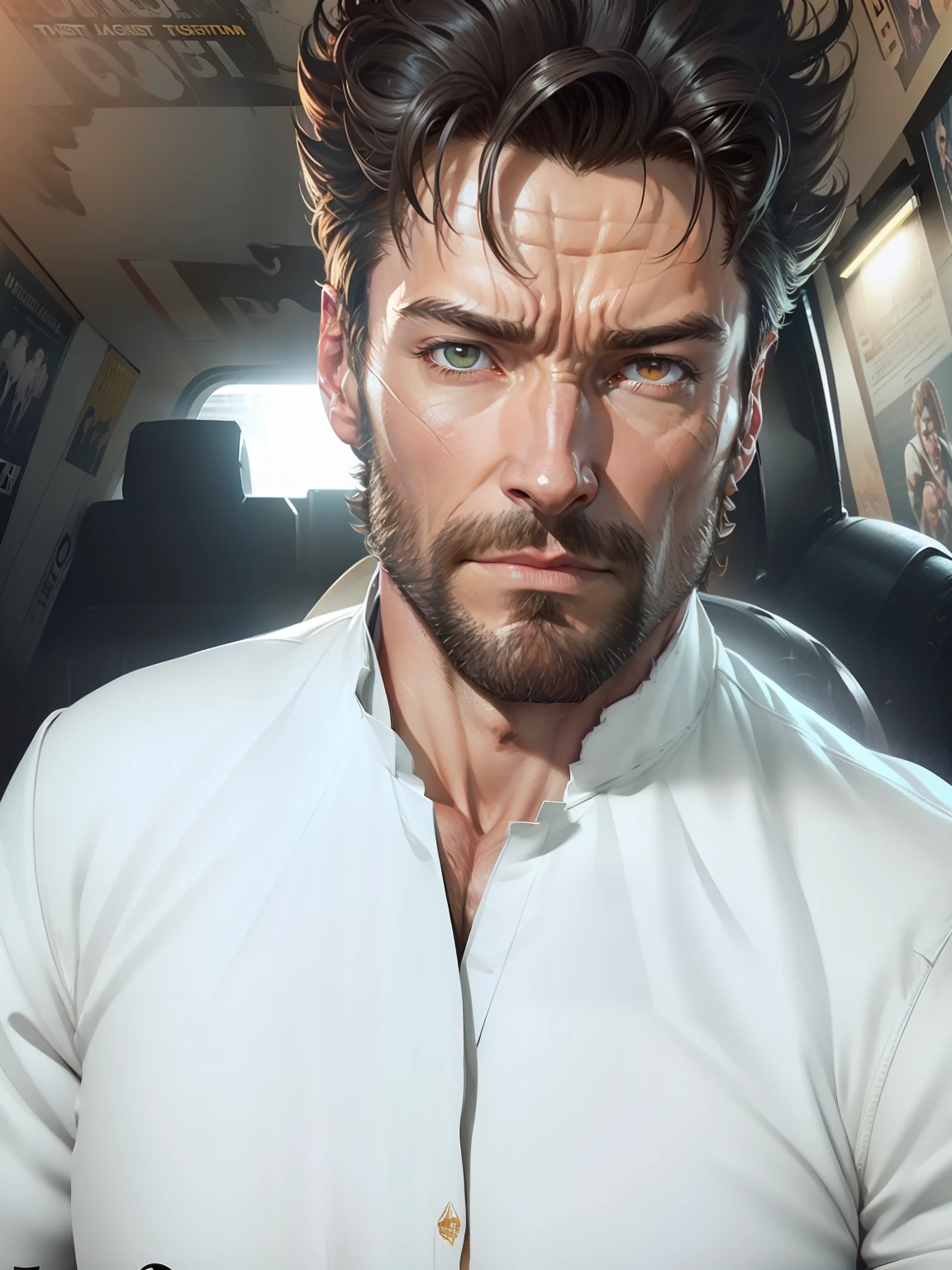 Hugh Jackman as wolverine, vhs effect, (poster:1.6), poster on wall, nostalgia, movie poster, portrait, close up (skin texture), intricately detailed, fine details, hyperdetailed, raytracing, subsurface scattering, diffused soft lighting, shallow depth of field, by (Oliver Wetter)