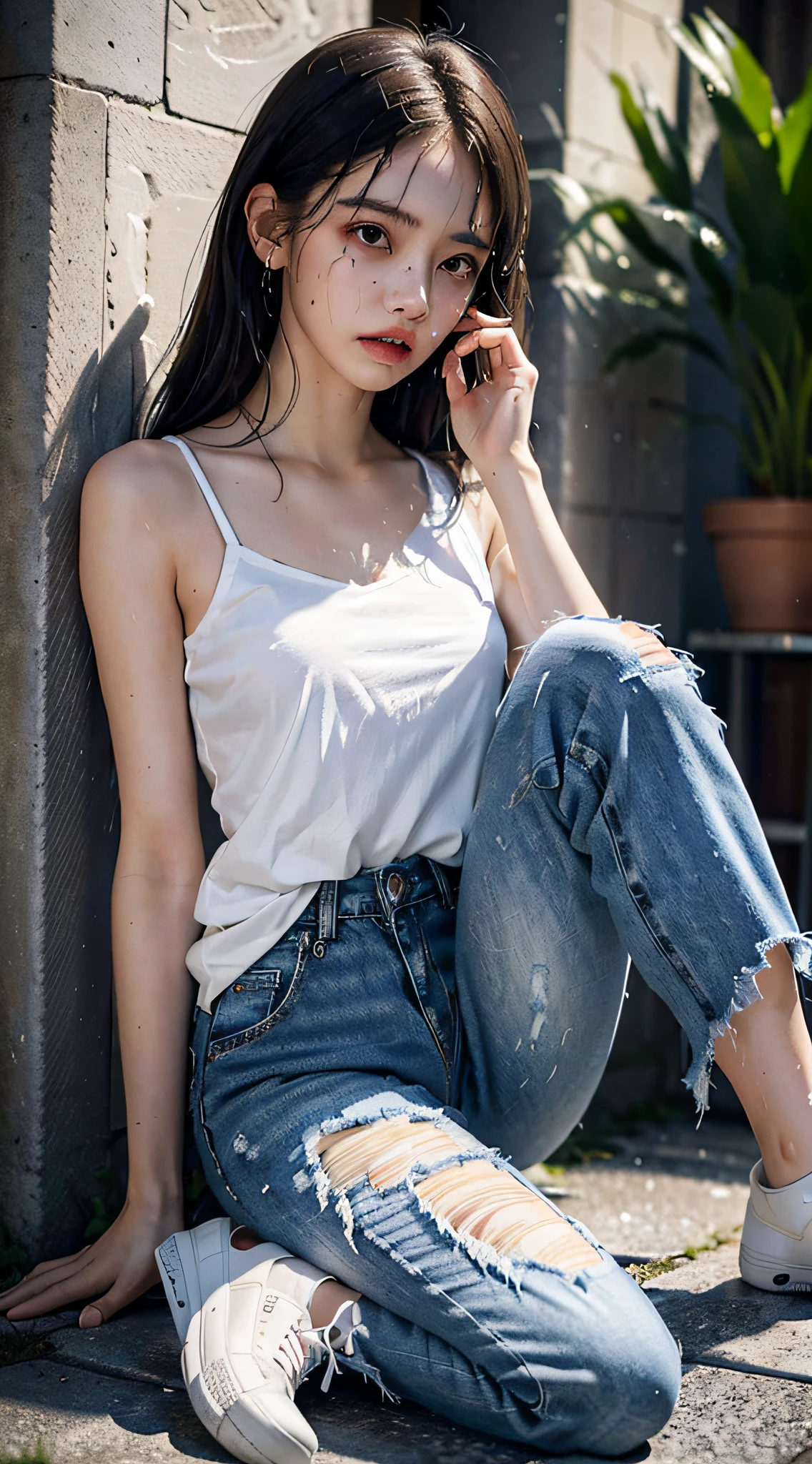 Best Quality, Masterpiece, Ultra High Resolution, (Fidelity: 1.4), Photo, 1 girl, white shirt, torn jeans, white sneakers, dim, darkness, despair, pity, pitiful, movie, tears, teardrops, (torn clothes: 1.5), (wet clothes: 1.4), bare shoulders, real rain, wet hair