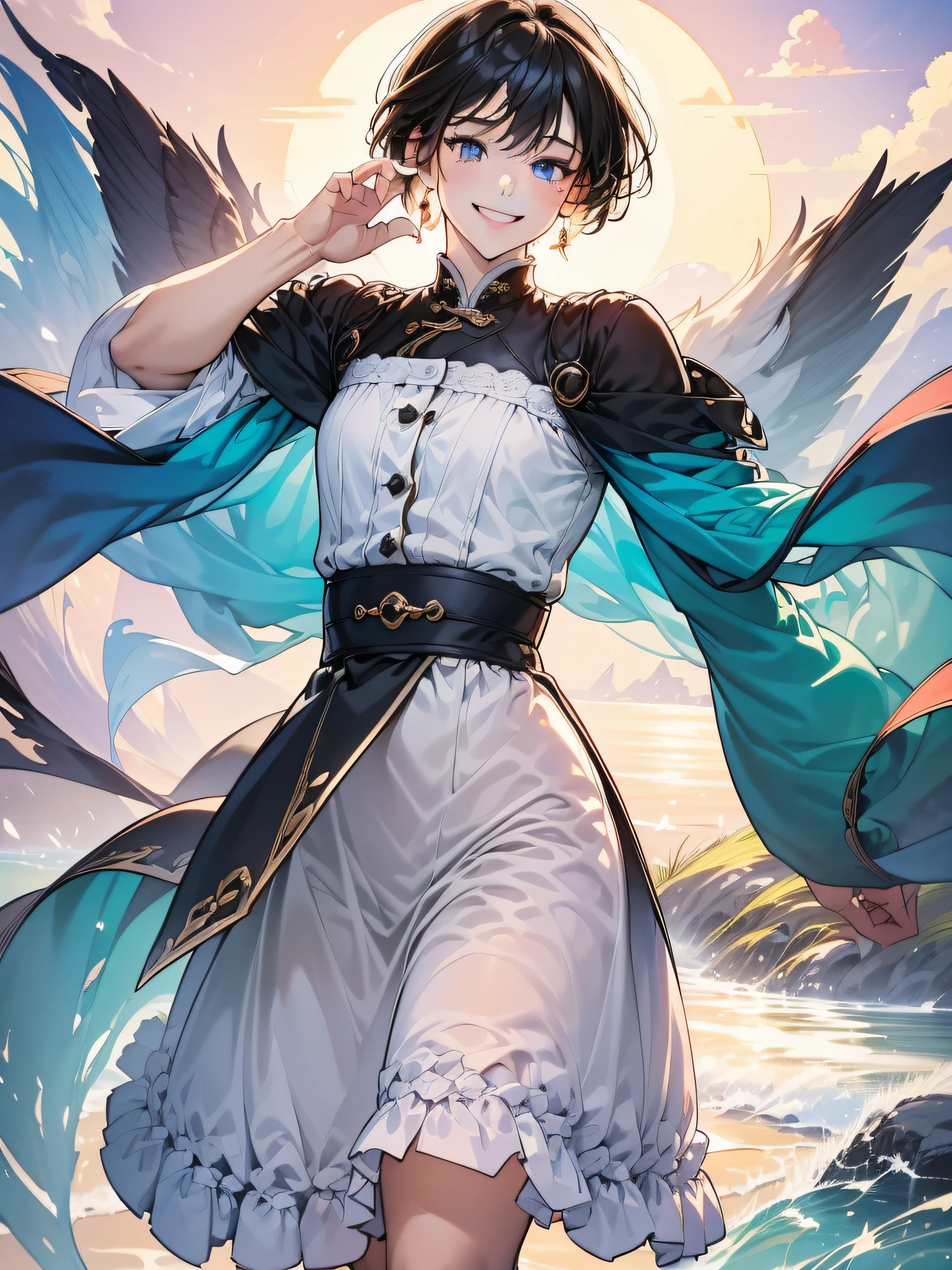 (in 8K、top-quality、​masterpiece:1.2)、1人の女性、(Smiling smile:1.1)、beautidful eyes、Valley、The upper part of the body、length hair、Like a boy、poneyTail、red view、