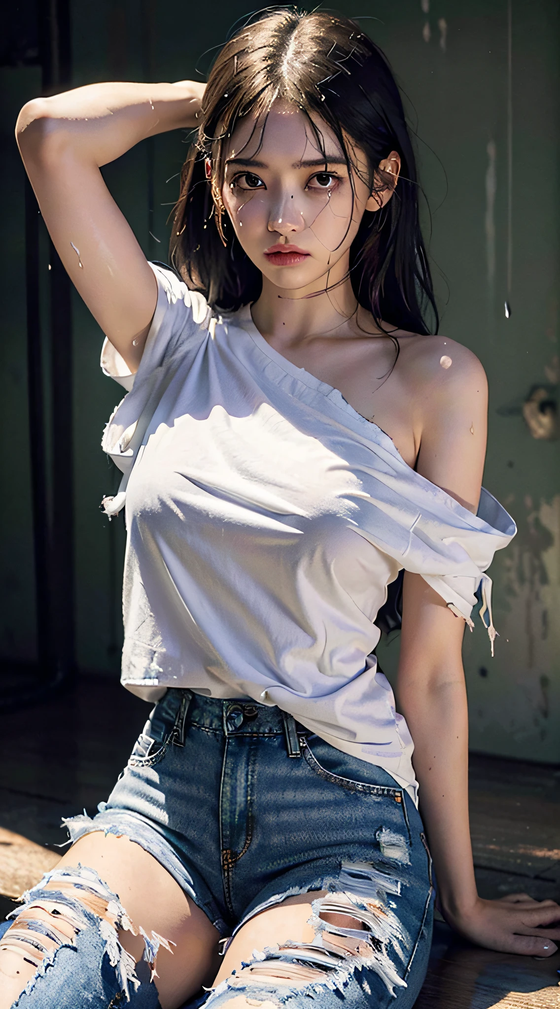 Best Quality, Masterpiece, Ultra High Resolution, (Fidelity: 1.4), Photo, 1 girl, white shirt, torn jeans, white sneakers, dim, darkness, despair, pity, pitiful, movie, tears, teardrops, (torn clothes: 1.5), (wet clothes: 1.4), bare shoulders, real rain, wet hair