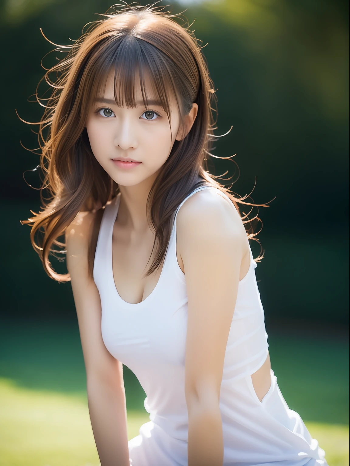 （1girll:1.0），(8K, Best quality, tmasterpiece),ultra - detailed, adolable, 独奏, cute Japan woman,brown  hair,By bangs, long whitr hair, pony tails,Beautiful and delicate eyes,Eyes speak， Moisturizes skin，protrusions，dynamicposes，protrusions，Squat，Hands touch chest，profesional lighting，photon maping，Radio City，physically-based renderingt，cinmatic lighting，Athletics field,depth of fields,Clear focus,rays of sunshine,well-composed,(Bokeh:1.2) ，(full bodyesbian),(Keep your mouth shut),美丽细致的眼睛,lewd poses,a narrow waist,Brownish-yellow hair，messy  hair,Long hair flutters in the wind，