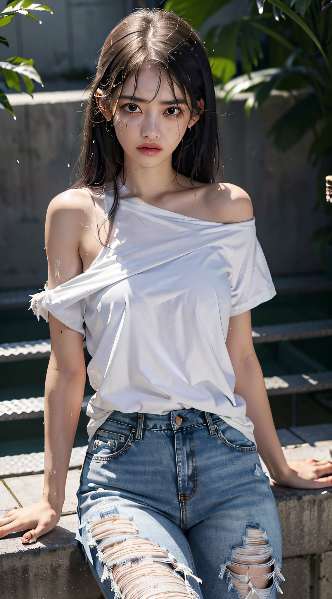 Best Quality, Masterpiece, Ultra High Resolution, (Fidelity: 1.4), Photo, 1 girl, white shirt, torn jeans, white sneakers, dim, darkness, despair, pity, pitiful, movie, tears, teardrops, (torn clothes: 1.5), (wet clothes: 1.4), bare shoulders, real rain, wet hair