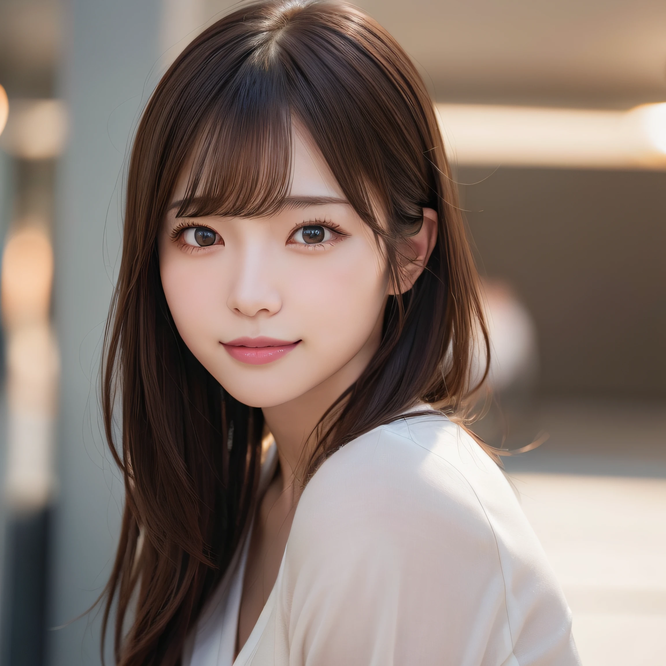 8k RAW photo,Best Quality, top-quality:1.1, ​masterpiece:1.3,超A high resolution, (Photorealistic:1.4), Raw photo, (Upper knees:1.5, From Side), natural skin textures:1.1, realistic eyes and face details:1.3, Full lips,(Background is blurry:1.4), (in a suite), 1日本人の女の子, Cute, (Solo:1.6), (Shy smile), (Dark brown eyes), Smooth skin, (Brown medium hair,Bangs), (touch hair:1.4),nogizaka,s Office,Business suits、full bodyesbian、is standing