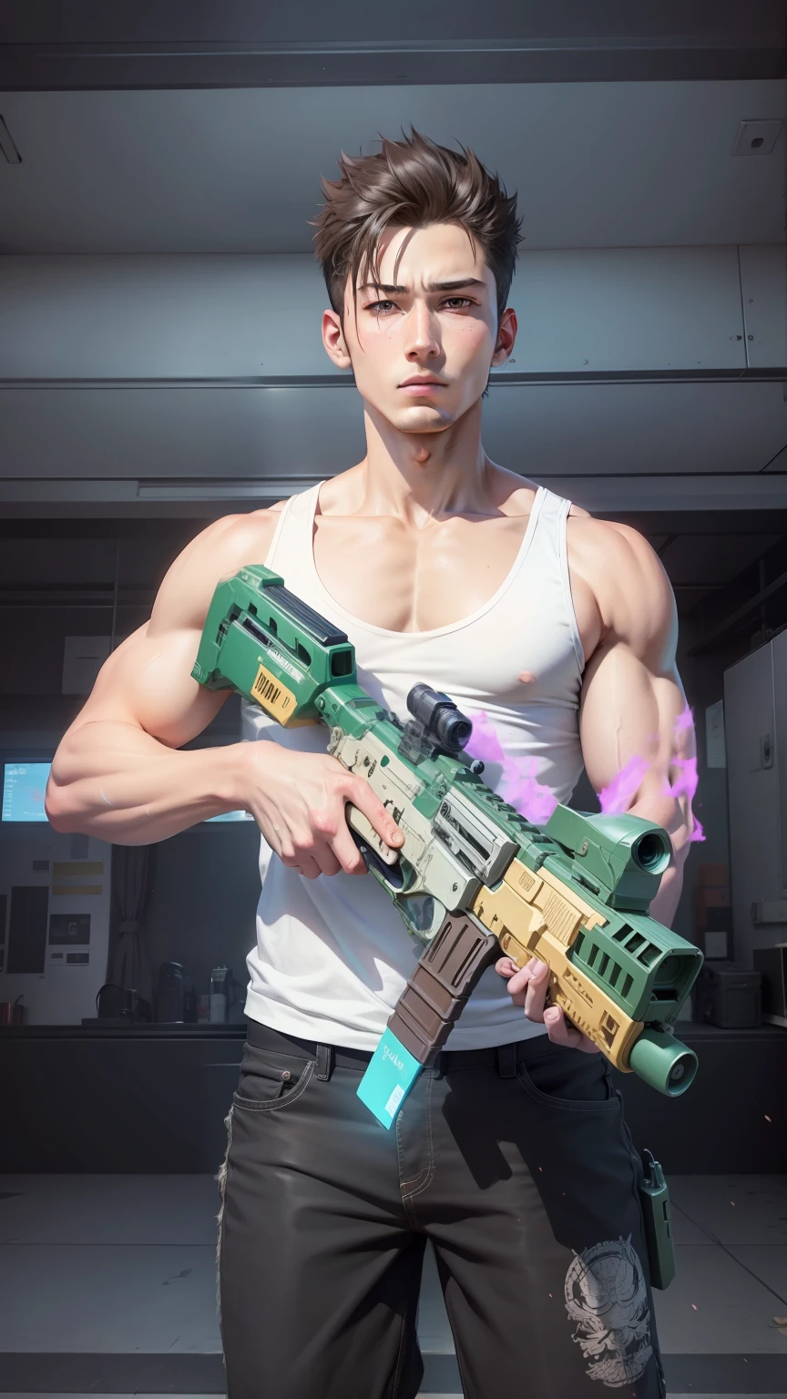 Anime, 1boy,realistic, 4k quality, hold a gun