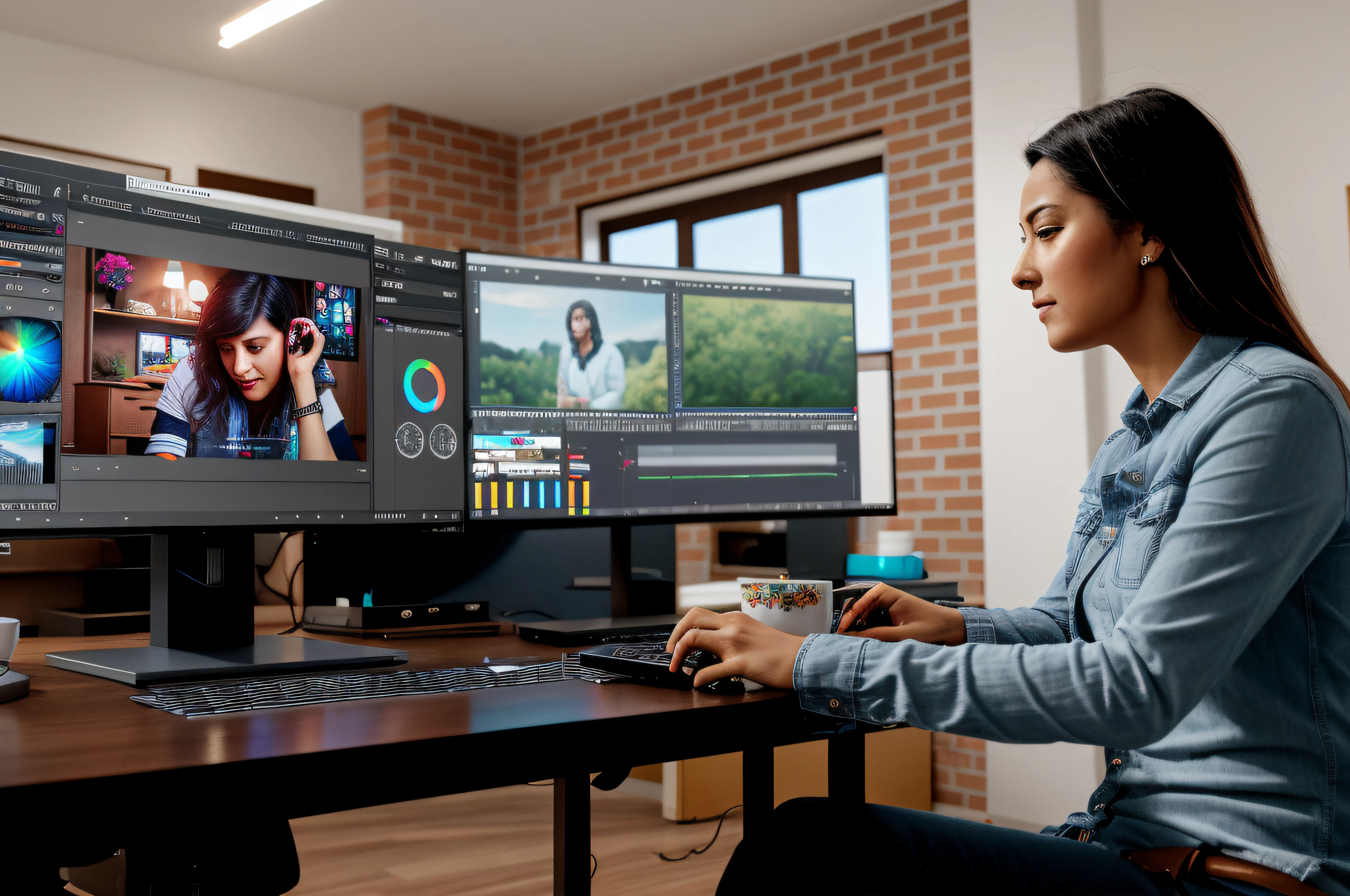 Woman sitting at a desk with two computer monitors and a cup of coffee, 8 k post - production, 8K post-production, 8 k post production, 8k post production, post - production, post - production, post - production, Classificado com davinci resolve, 8 k uhd post - production, color grading, Colorgrading, post - production, profissionalmente colorido