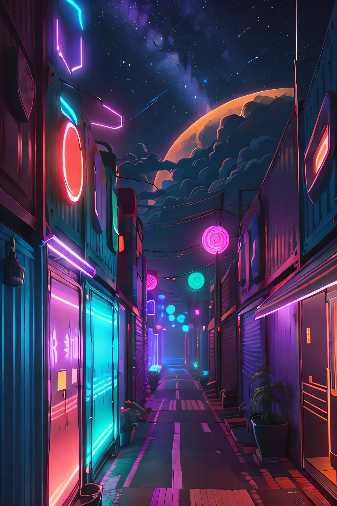 retrowave。城市， shipping containers， pathway， PURPLE NEON MONITOR LIGHT， suns， mont，
（tmasterpiece，A detailed，A high resolution），