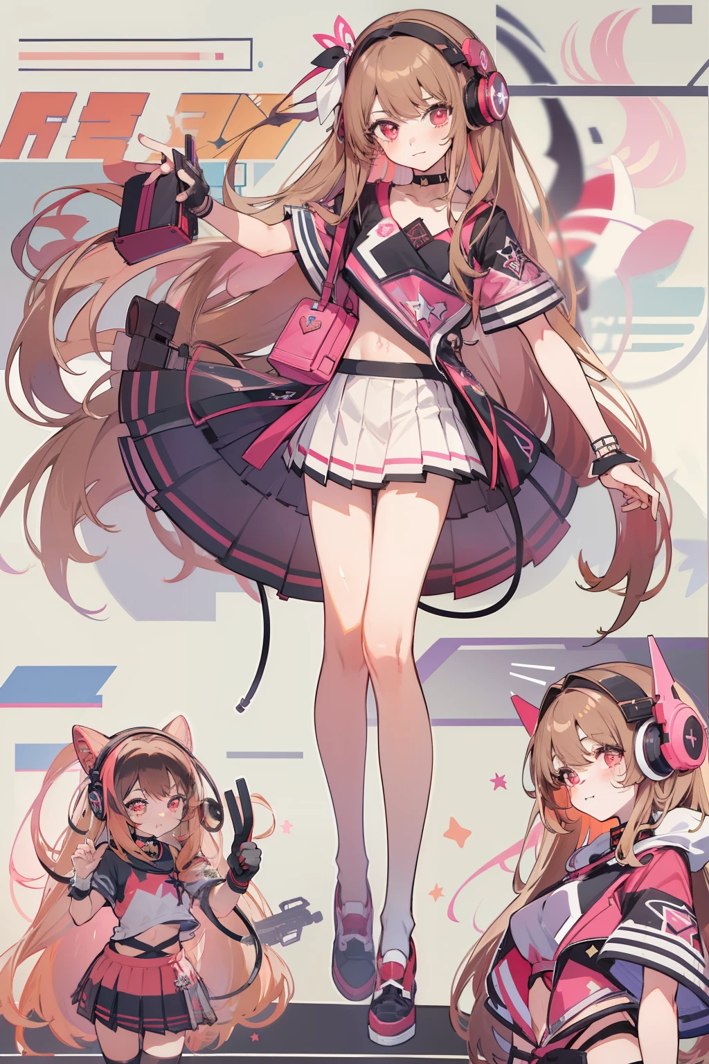 ((Masterpiece, highest quality)), vtuber-fullbody, full body, detailed face, full of details, highly detailed, depth, 1girl, girl in a skirt and headphones, :3, long hair, bangs, multicolored hair, two-tone hair, gradient hair, [[brown hair]], brown hair with pink tips, [[[[[[[[[pink hair]]]]]]]]], black crop top, red skirt, pleated skirt, stockings, leg warmers, black choker, red eyes, star (symbol), star-shaped pupils