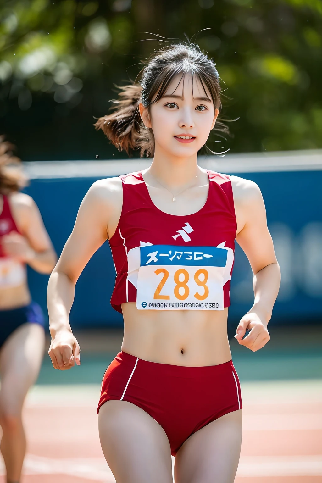 (((Sports, Short, Long, Running, Jogging, Marathon, Exercise, Athletics, Running, Running Posture, Running, Feeling of Galloping, Sweat, Sweat, Sweating Lots)))), ((Volley Uniform: 1.3, White, Red, Blue, Uniform: 1.3, Lower, Swaying, Hetero)), ((White, Red, Blue, Bloomers: 1.2, Low Rise)), (Athletics, Floating Hair NovaFrog Style, Floating Hair, Hair and Clothes That Flutter in the Wind, High School, Slender Abs: 1.2, Navel, Serious Look), (The shape of the pubic area is clearly visible)), Blushing, NSFW, 8k, RAW Photo: 1.2, (Best Quality: 1.4, Masterpiece: 1.4), Super Detail, Best Illustration, Ultra High Resolution, Portrait, Film Grain, 1girl, POV, Depth of Field, Photorealistic: 1.4, detailed hair, realistic hair, realistic lighting, realistic shadows, realistic clothing, realistic skin, natural skin texture, portrait: 0.6, light particles, lens flare, glowing particles: 0.6, bokeh: 1.2, clean: 1.8, professional lighting, photon mapping, radiosity, physically based rendering, incredibly absurd, Glossy skin, pale skin: 1.2, PureErosFace_v1: 0.7, fair skin: 1.1, round face: 1.5, mouth open, puffy eyes, purple eyes, double eyelids, egyosar: 1, floating hair, makeup, Japan girl, lovely thighs, shining thighs, shining legs