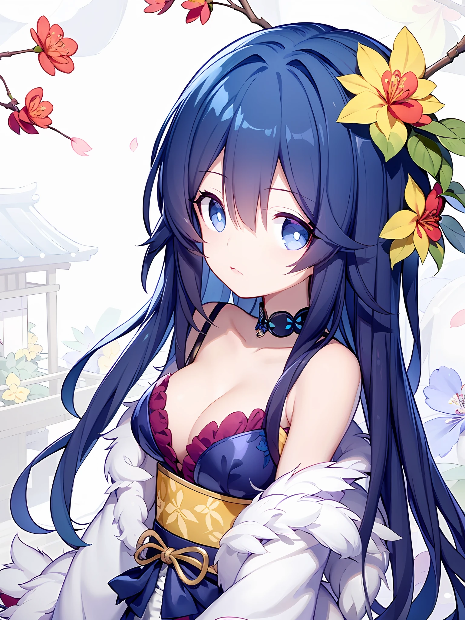 Anime girl, arrow, bridge, floating hair, ema, eyebrows visible through hair, flower, fur collar, blush, cherry blossoms, blue eyes, east asian architecture, bangs, building, day, blue kimono, branch, fur trim, camellia, architecture, floral print,    ,Medium-sized breasts, flat chest,  beautiful legs,autumn, outdoor