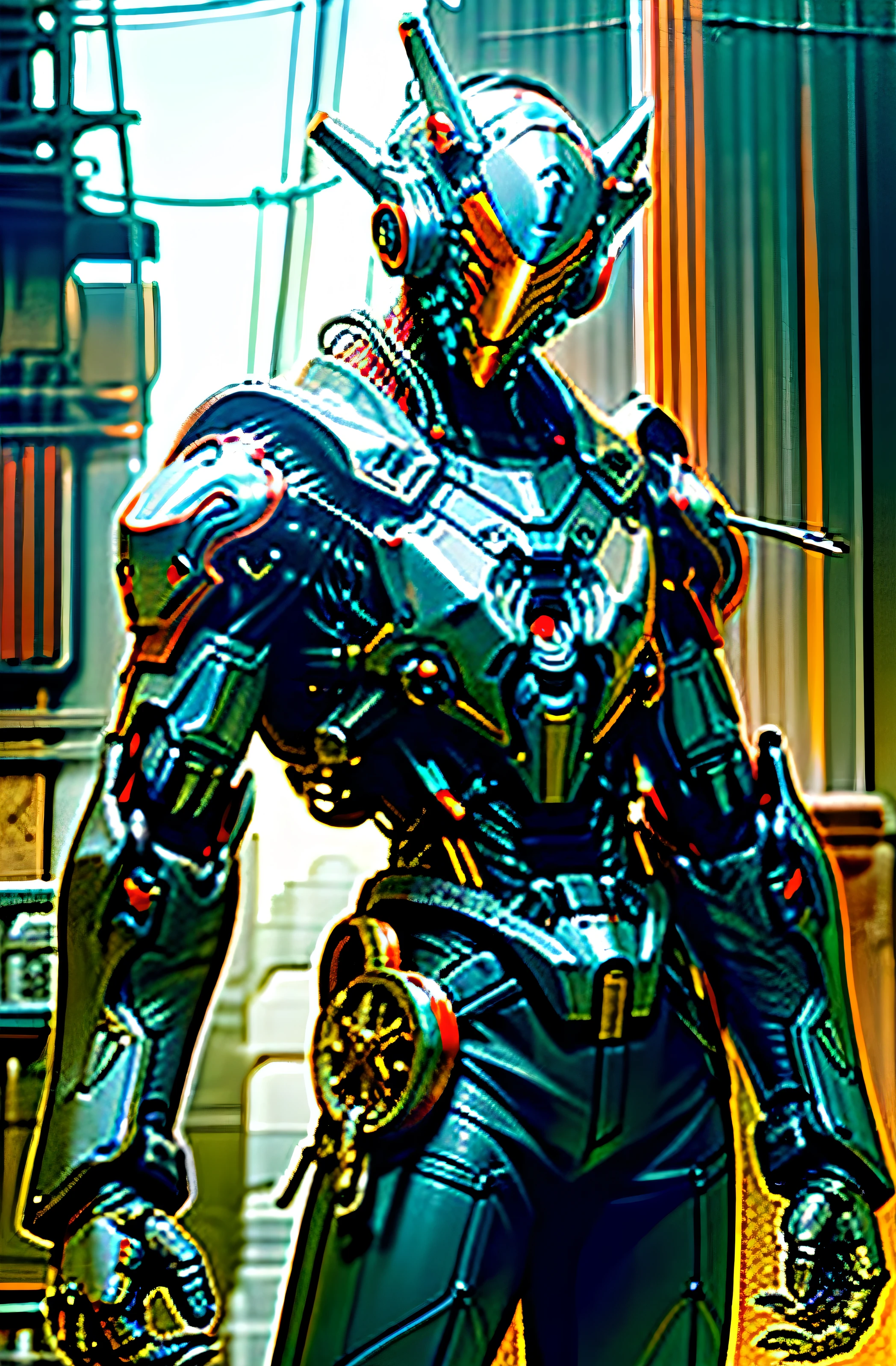Dark_Fantasy,Cyberpunk,(chain saw,chain saw man,Red:1.1),1man,Mechanical marvel,Robotic presence,Cybernetic guardian, wearing a worn-out mech suit, intricate, (steel metal [rusty]), elegant, clear focus, shot by greg rutkowski, soft lighting, vibrant colors, masterpiece, ((street)), cowboy shot, dynamic pose,