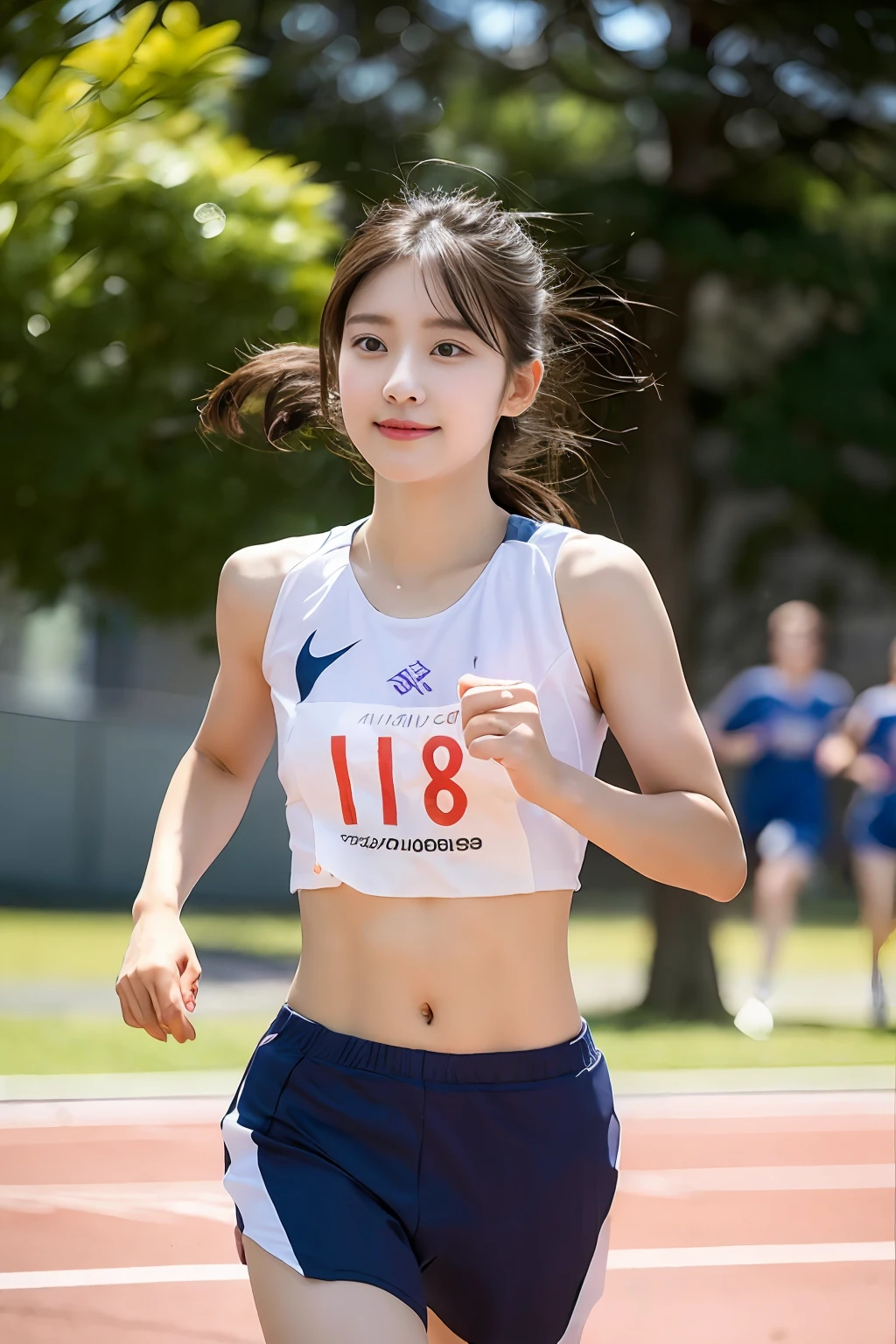 (((Sports, Short, Long, Running, Jogging, Marathon, Exercise, Athletics, Running, Running Posture, Running, Feeling of Galloping, Sweat, Sweat, Sweating Lots)))), ((Volley Uniform: 1.3, White, Red, Blue, Uniform: 1.3, Lower, Swaying, Hetero)), ((White, Red, Blue, Bloomers: 1.2, Low Rise)), (Athletics, Floating Hair NovaFrog Style, Floating Hair, Hair and Clothes That Flutter in the Wind, High School, Slender Abs: 1.2, Navel, Serious Look), (The shape of the pubic area is clearly visible)), Blushing, NSFW, 8k, RAW Photo: 1.2, (Best Quality: 1.4, Masterpiece: 1.4), Super Detail, Best Illustration, Ultra High Resolution, Portrait, Film Grain, 1girl, POV, Depth of Field, Photorealistic: 1.4, detailed hair, realistic hair, realistic lighting, realistic shadows, realistic clothing, realistic skin, natural skin texture, portrait: 0.6, light particles, lens flare, glowing particles: 0.6, bokeh: 1.2, clean: 1.8, professional lighting, photon mapping, radiosity, physically based rendering, incredibly absurd, Glossy skin, pale skin: 1.2, PureErosFace_v1: 0.7, fair skin: 1.1, round face: 1.5, mouth open, puffy eyes, purple eyes, double eyelids, egyosar: 1, floating hair, makeup, Japan girl, lovely thighs, shining thighs, shining legs