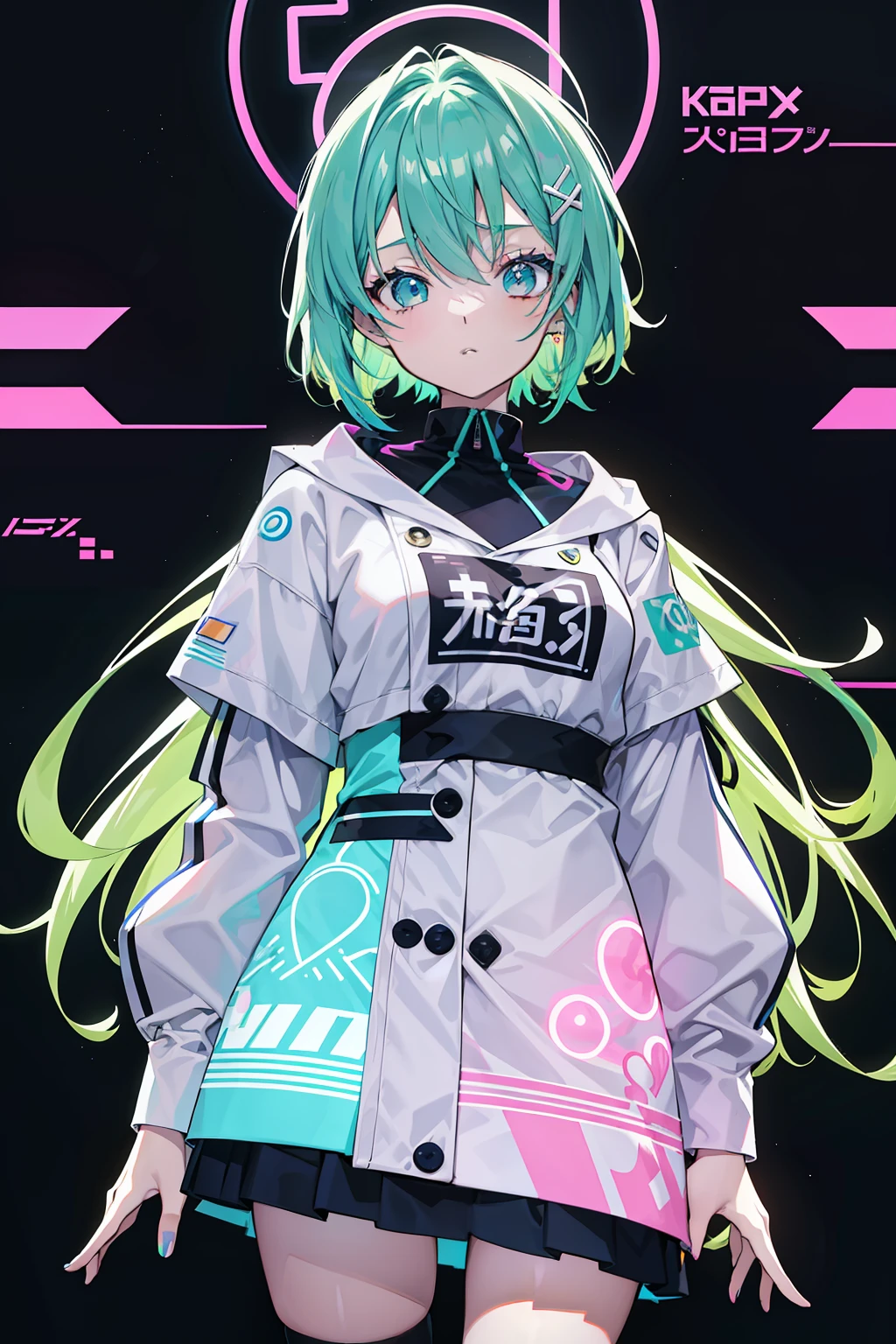 complex costume, Cool costume blueprints, intricate clothing, Green hair, Full body, ASCII art style girls, Aesthetic, still from anime, anime still image, Anime screenshot patterns, retro anime , beautiful girls face, Anime Girl, Low girl aesthetics, The aesthetics of anime in the 90s, digital anime, Beautiful cute lighting, Looking at Viewer, Full body, Simple hair, The aesthetics of vaporwave, Anime, 64 pixel art, Pixel art, Streetwear Design, Provector, Pixel 64-bit style, Full Design, Only 5 colors, solid color, No shadows, Full Design, neon color, Bright colors, Galactic Environment, Whimsical capture, in 8K, Vivid, Ultra Details, colorful lighting, Surreal Photography, Portrait, Fancy, Cute, Bob Hair, Neon light, Colored inner hair, youthfulness, 10`S, neon color, It features a simple, No face