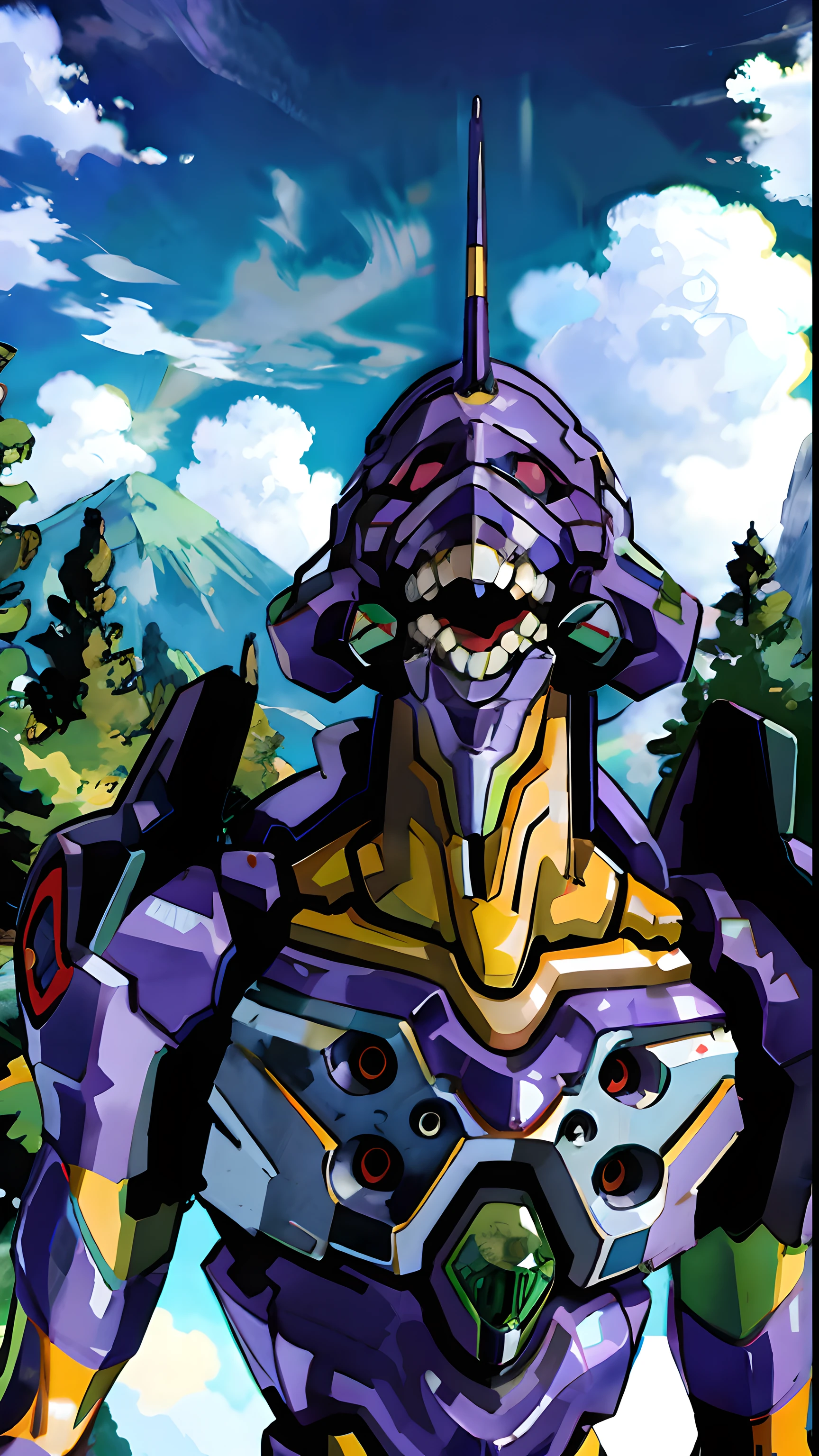Eva 01,EVA, Evangelion mecha, mountain,cloud,tree,8K,detail EVA01head,
