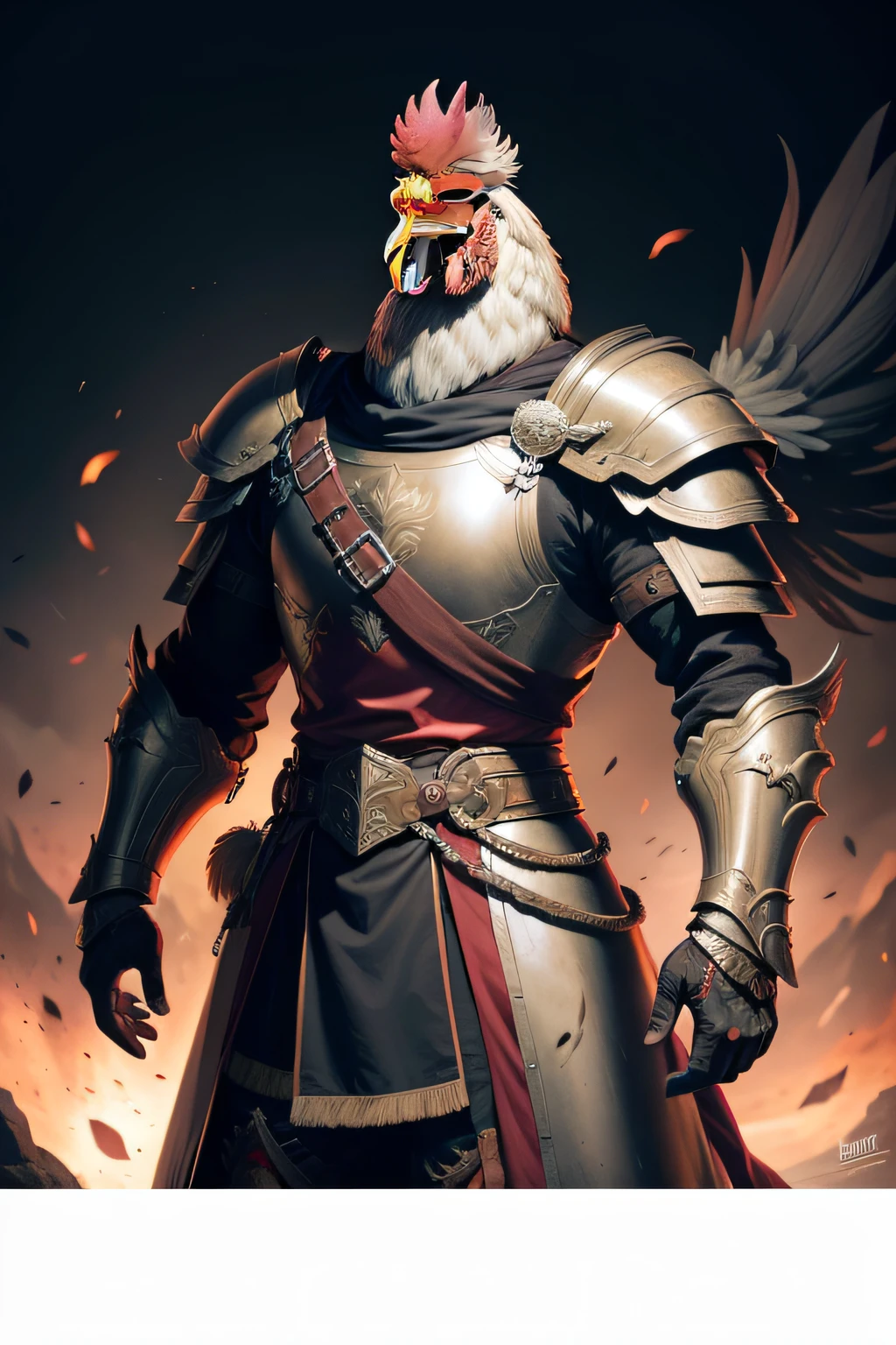 Male general with rooster face and rooster hands,full bodyesbian,Wearing armor,handheldweapons,4K,k hd,tmasterpiece,The picture is detailed!