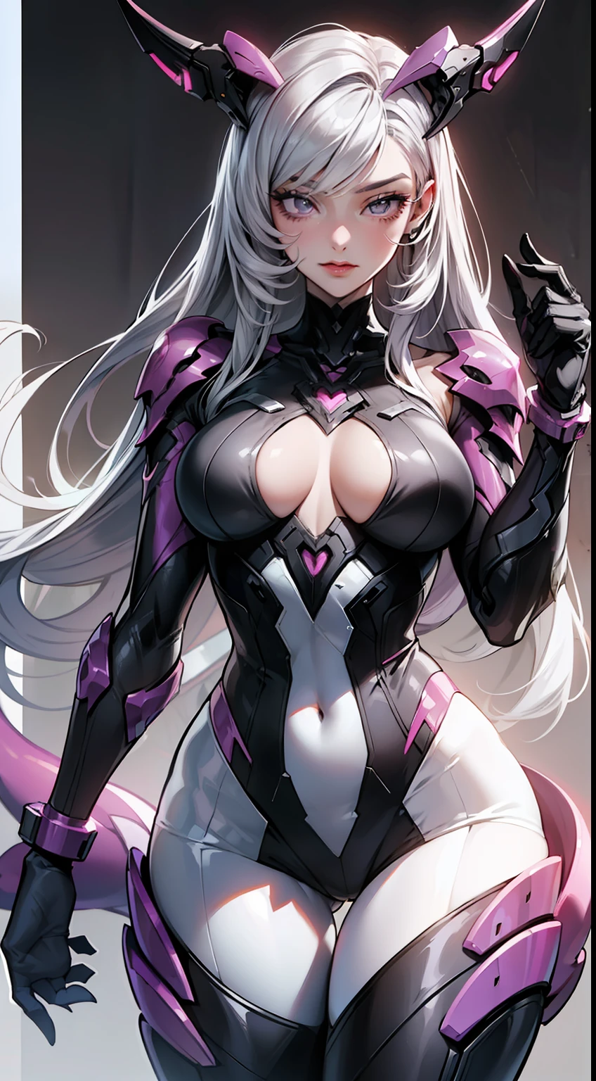 (ultra-definition),Big anime character with pink skin and silver hair, Tentacles wriggle behind,thick smooth warframe thighs, Guyver Style, fuchsia skin below the armor, Beautiful Lady in Warframe, Devil's Tail, gynoid body, Commission for high resolution, Widowmaker,