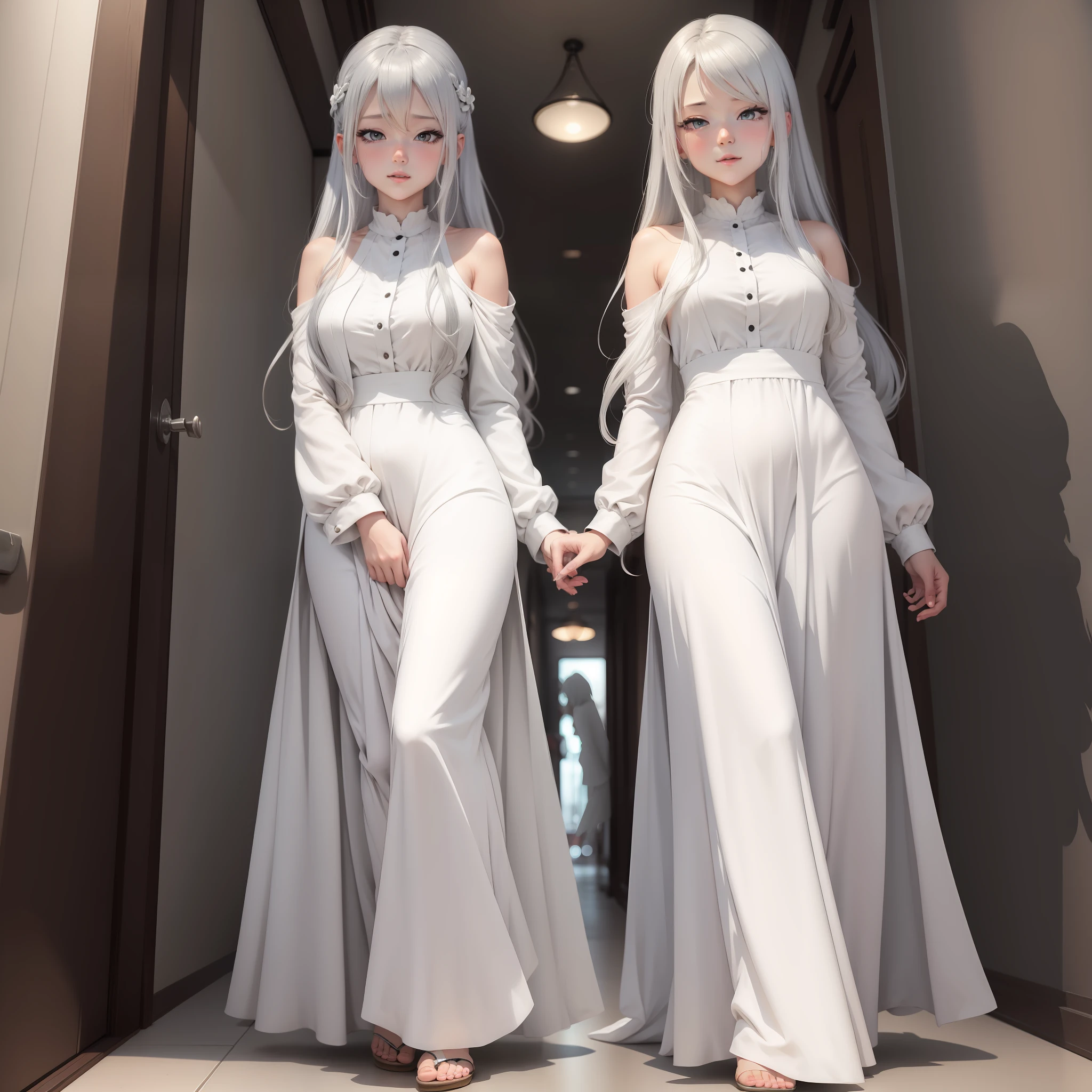 Silver-haired anime girl wearing a long white dress