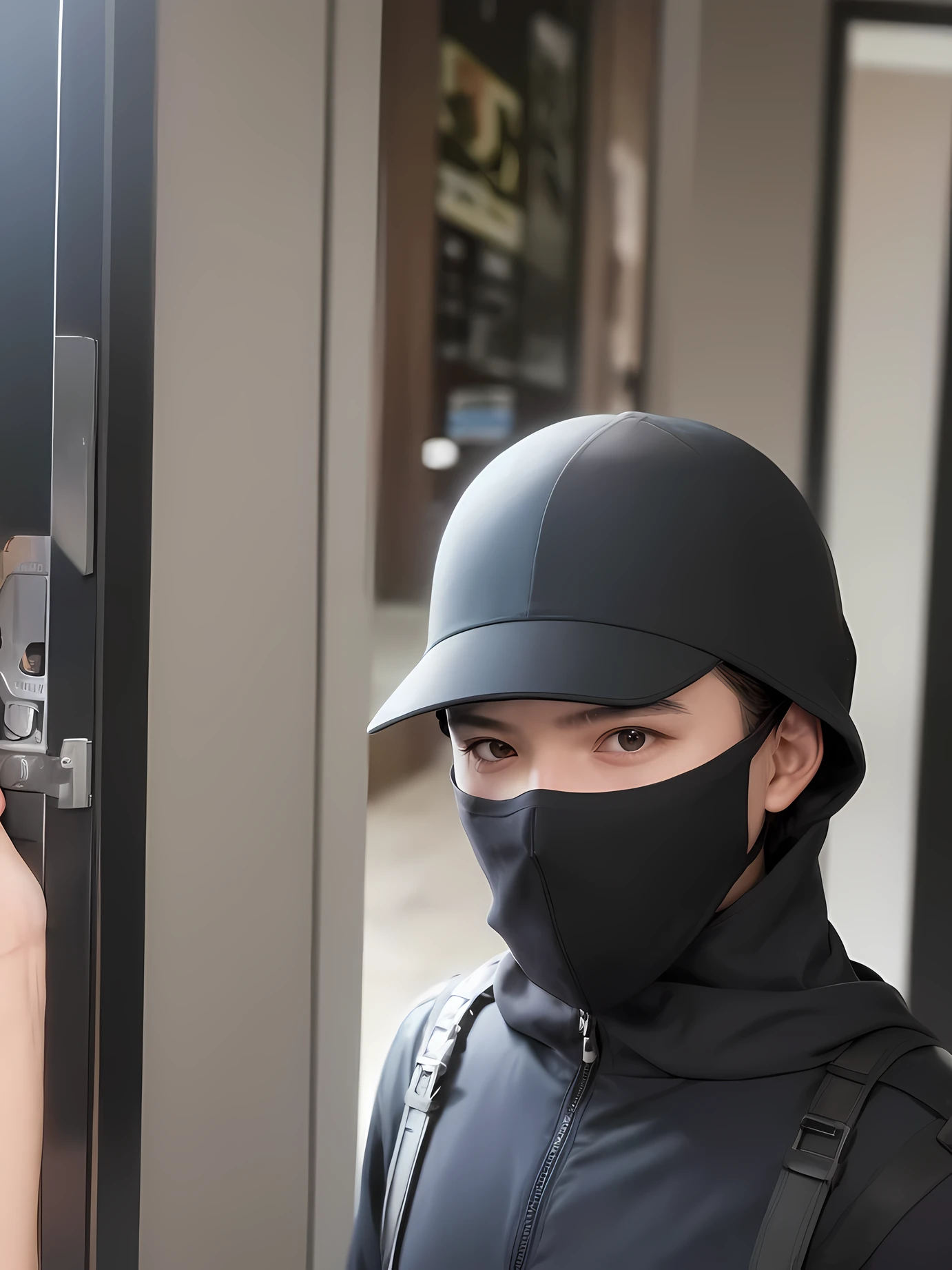 Murderous terrorists rob banks, Terrorists masked faces,,wearing bandit mask, face covered, Wearing an all-black door wave mask, with a covered face, dark visor covering face, ski masks, covered face,There was blood hanging from the corners of his mouth